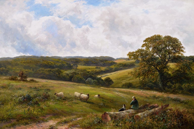 19th Century landscape oil painting of a shepherd & sheep near a Derbyshire wood - Painting by George Turner