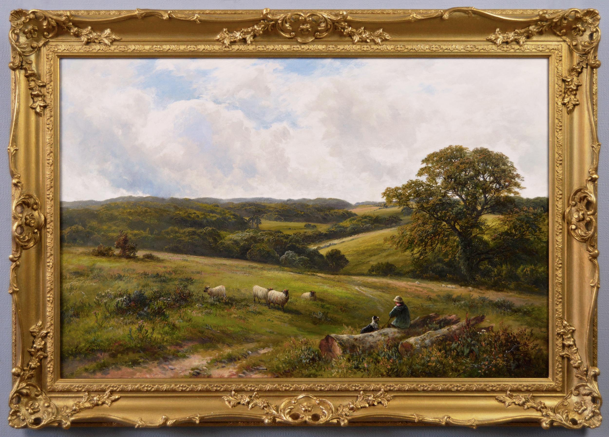 19th Century landscape oil painting of a shepherd & sheep near a Derbyshire wood