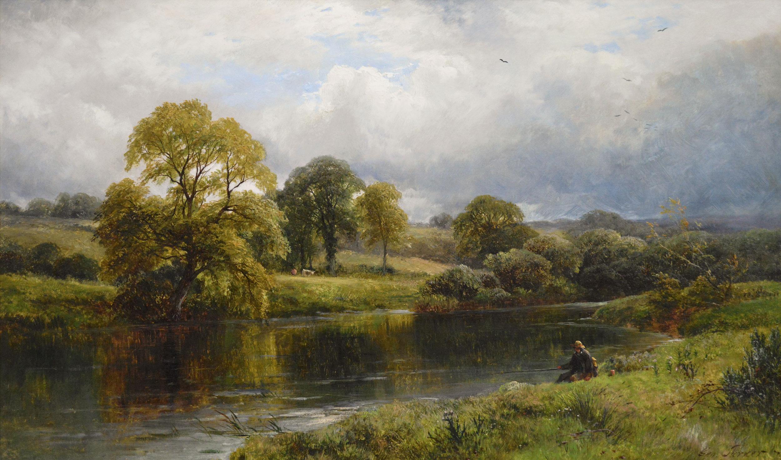 Paisaje al óleo del siglo XIX de un pescador pescando en un río - Painting de George Turner