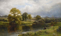19th Century landscape oil painting of an angler fishing at a river