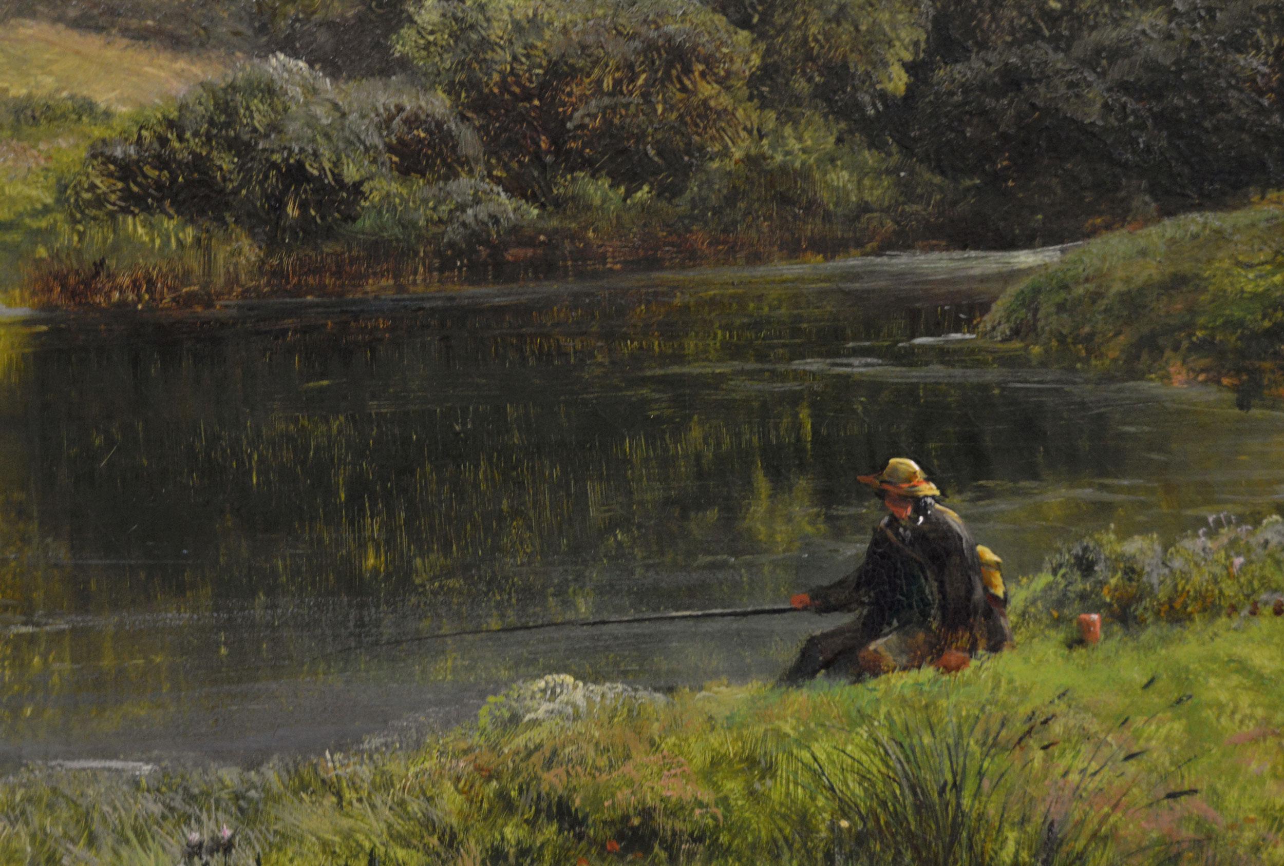Paisaje al óleo del siglo XIX de un pescador pescando en un río - Painting Victoriano de George Turner