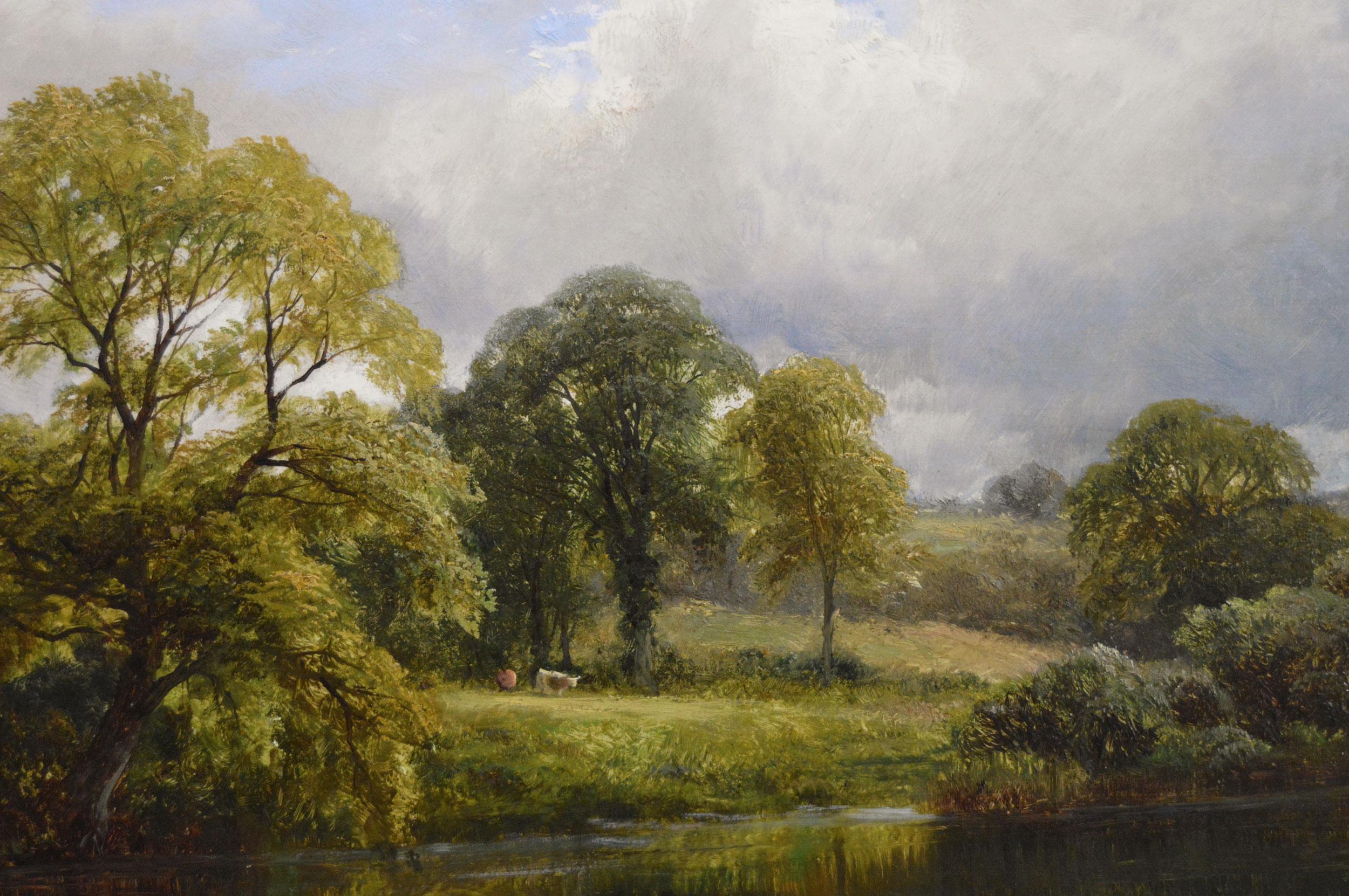 Paisaje al óleo del siglo XIX de un pescador pescando en un río - Landscape Painting Marrón de George Turner