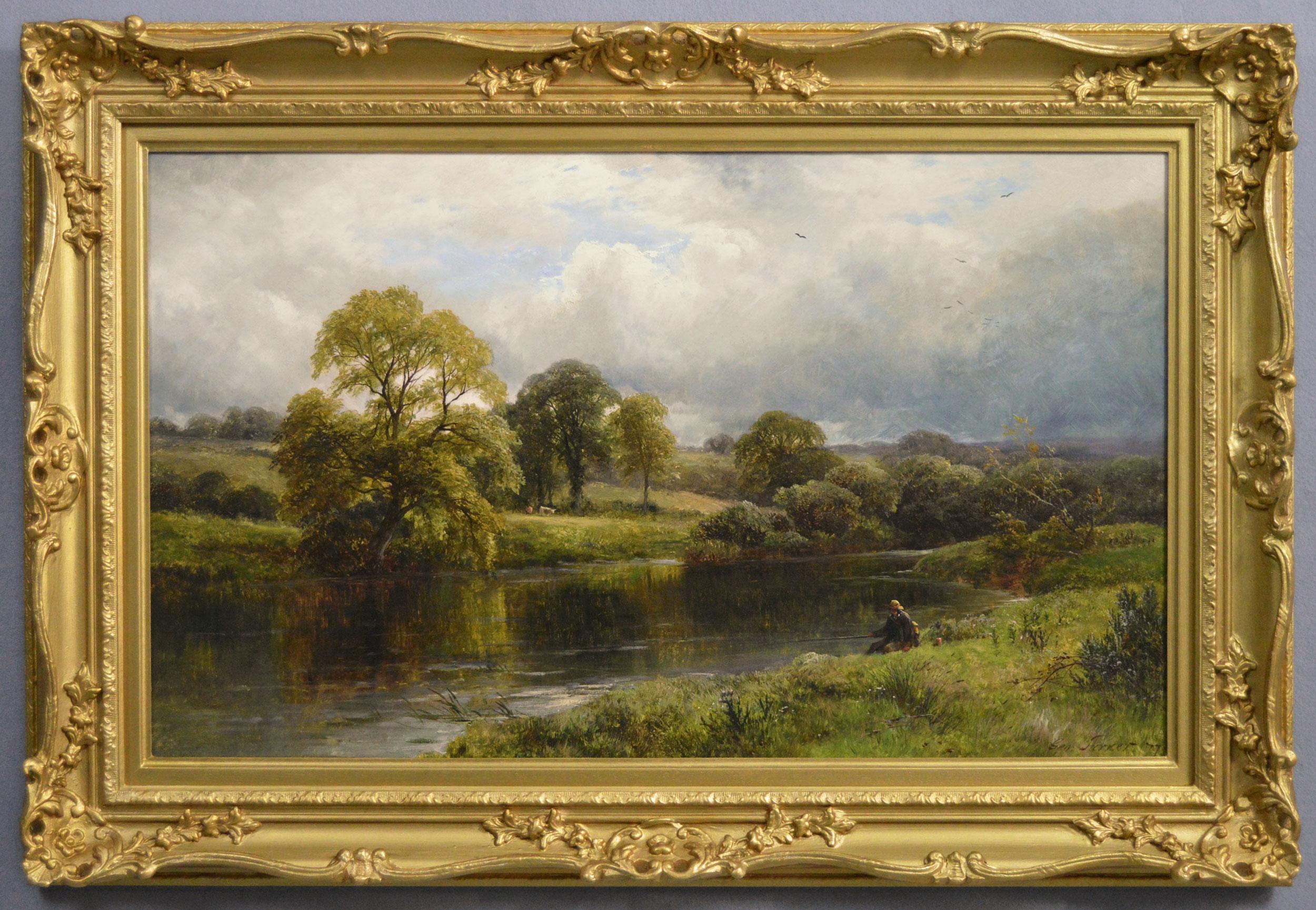 Landscape Painting de George Turner - Paisaje al óleo del siglo XIX de un pescador pescando en un río
