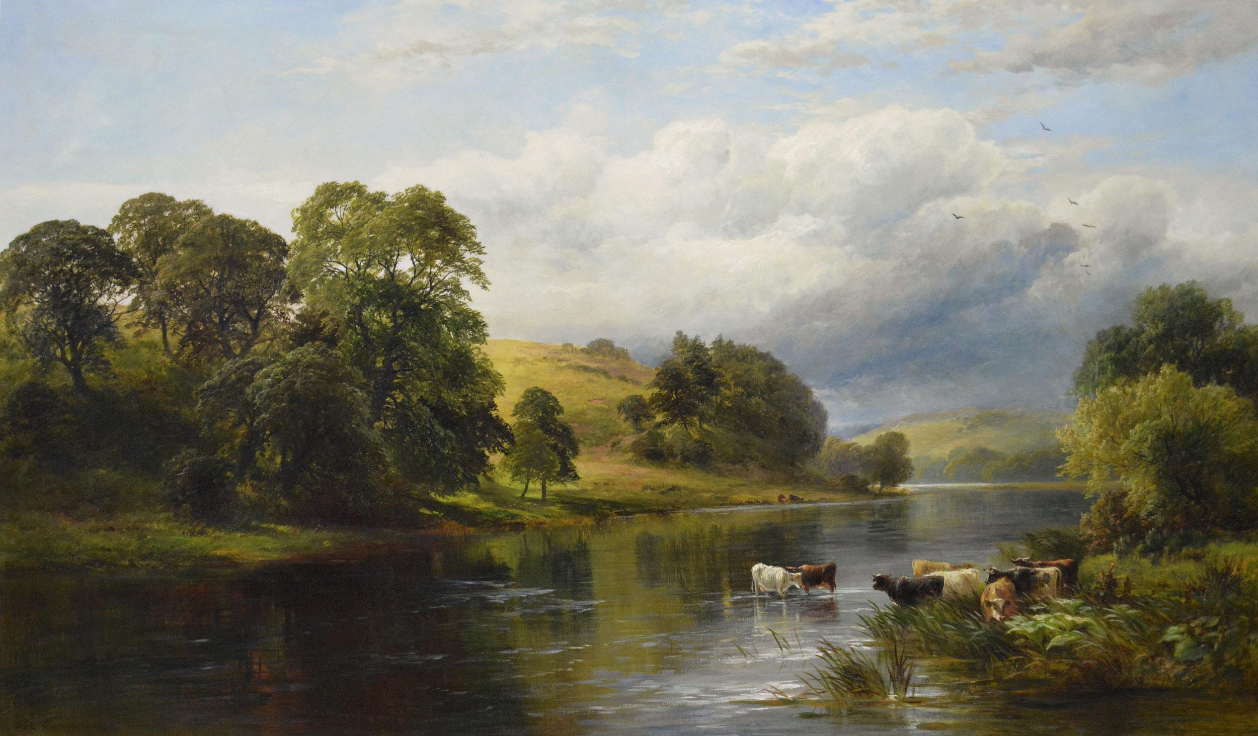 Paesaggio del XIX secolo dipinto a olio con il bestiame che si abbevera al fiume Trent - Painting di George Turner