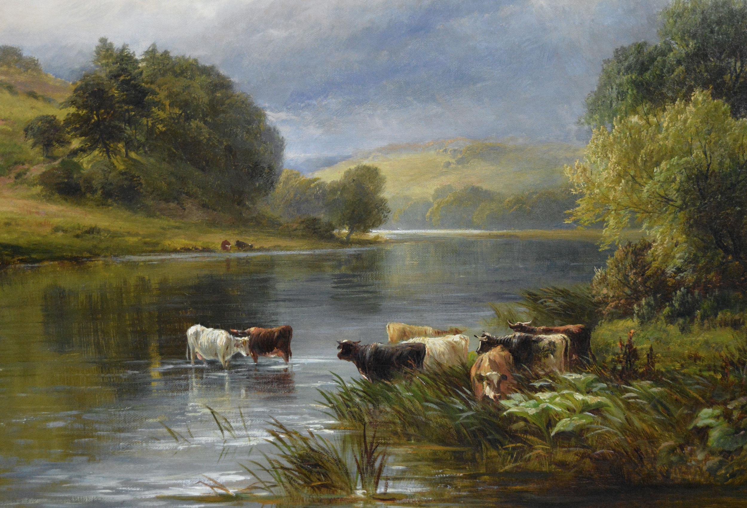 Paesaggio del XIX secolo dipinto a olio con il bestiame che si abbevera al fiume Trent - Painting Vittoriano di George Turner
