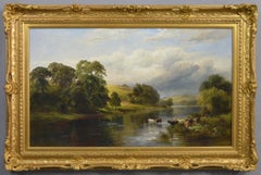 Paesaggio del XIX secolo dipinto a olio con il bestiame che si abbevera al fiume Trent