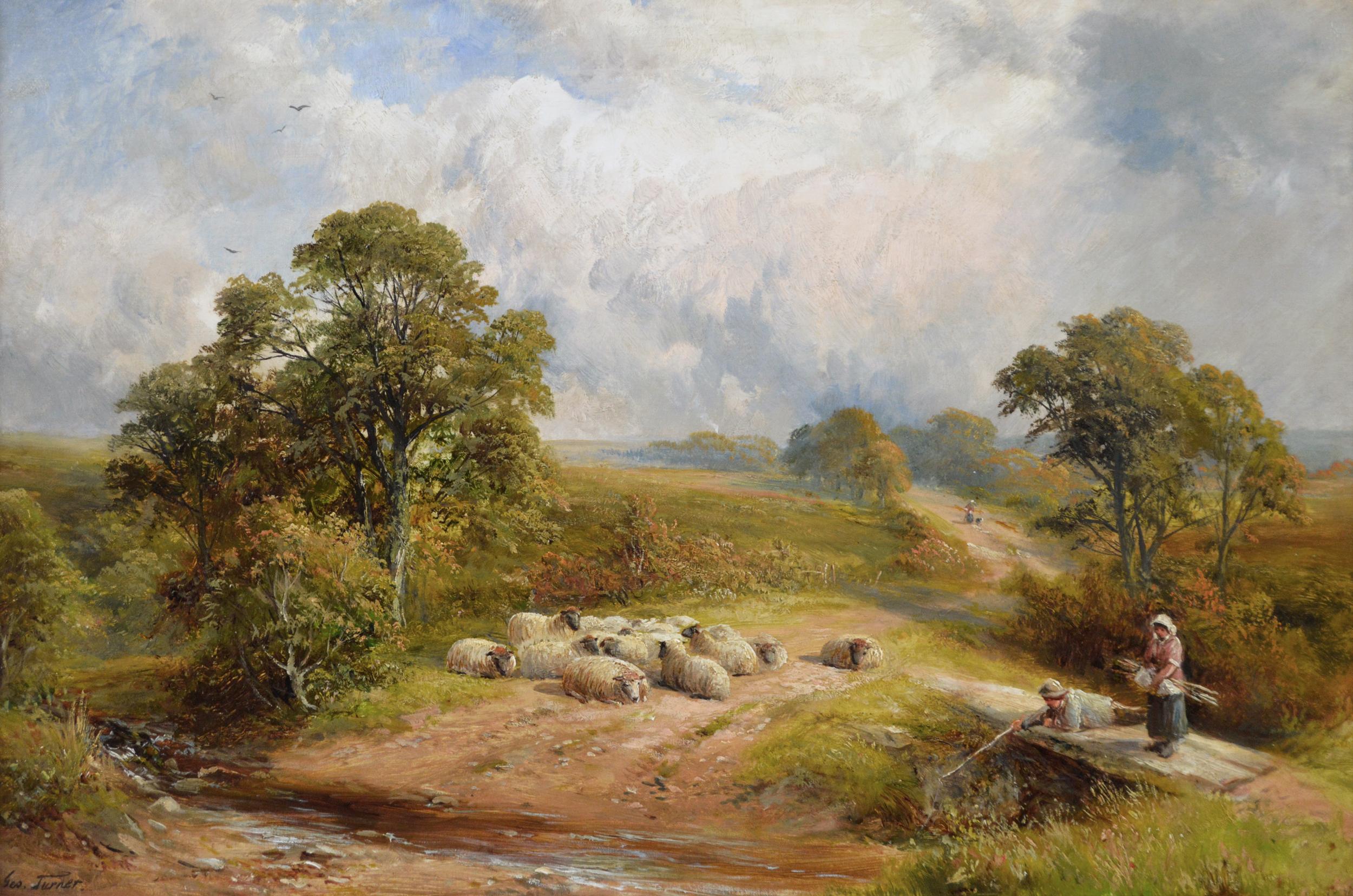 19th Century landscape oil painting of figures by a Derbyshire brook  - Painting by George Turner