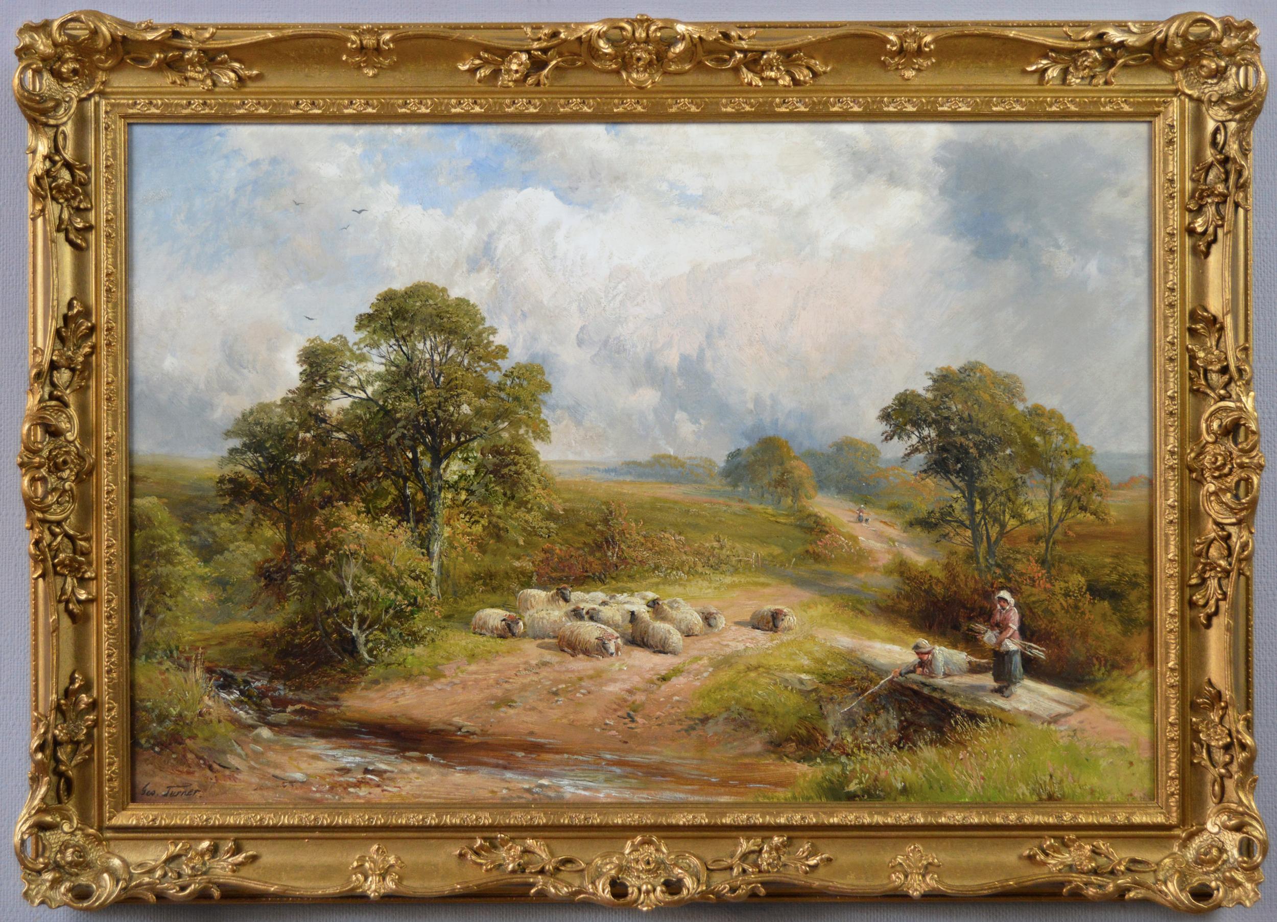 George Turner Landscape Painting - 19th Century landscape oil painting of figures by a Derbyshire brook 