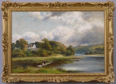 19th Century landscape oil painting of figures by a Derbyshire river