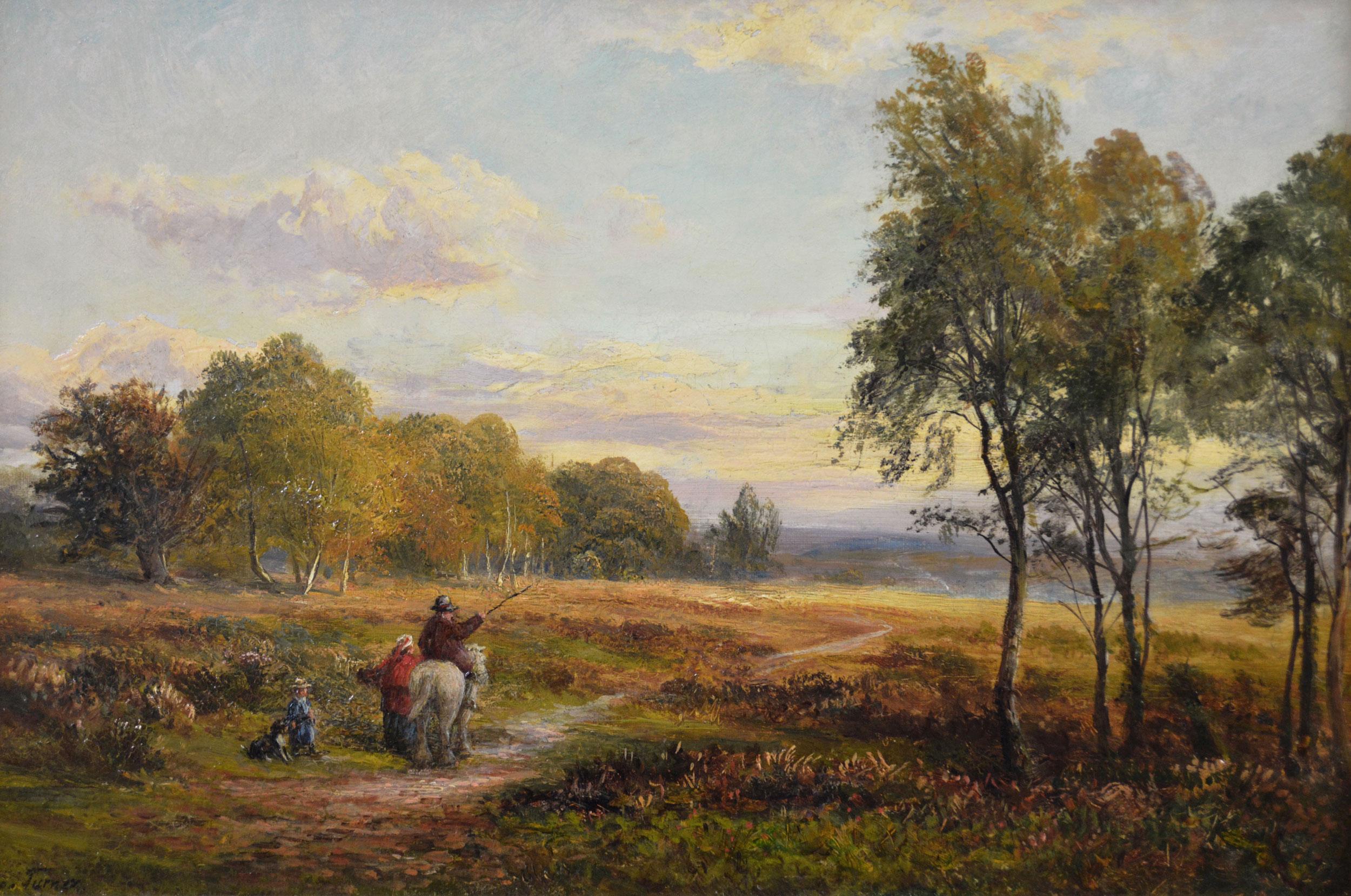 19th Century landscape oil painting of figures near Sherwood Forest - Painting by George Turner