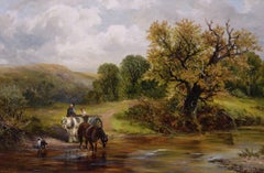 19th Century landscape oil painting of figures in a horse & cart crossing a ford