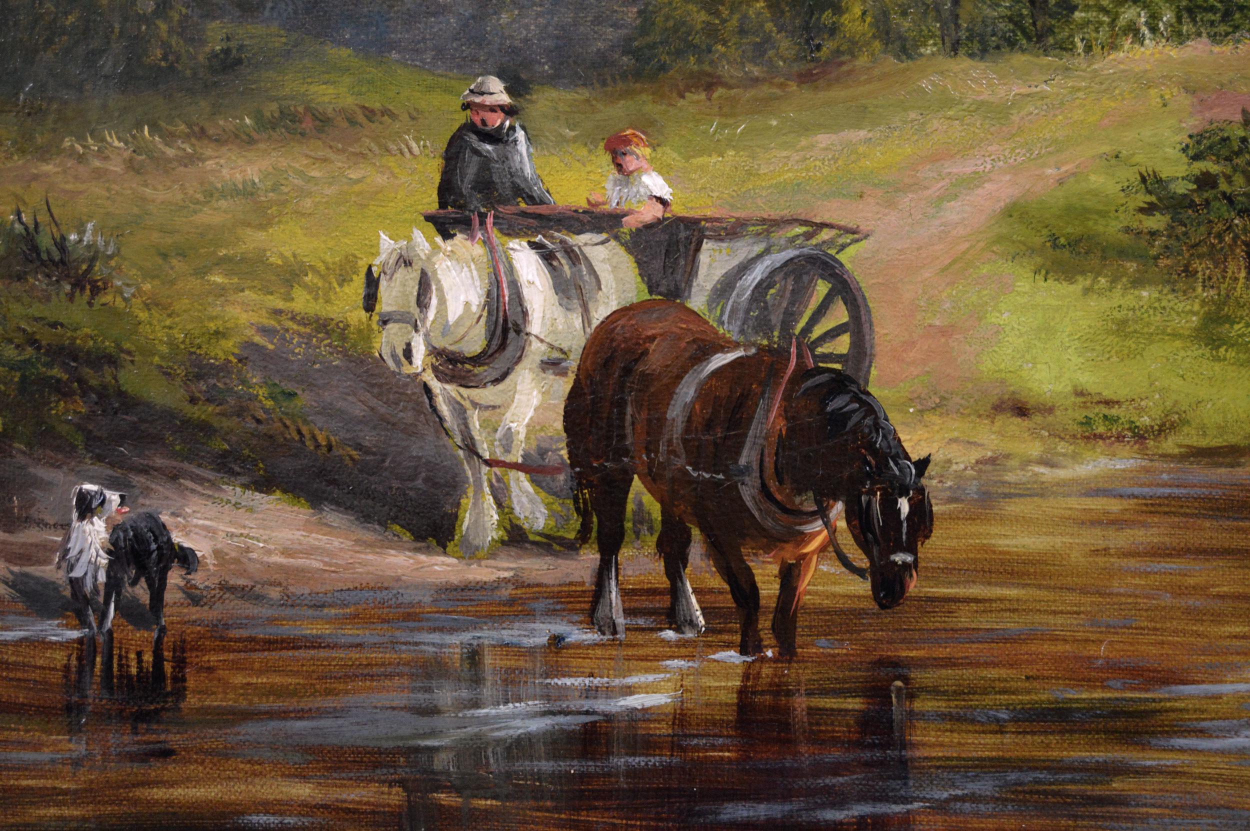 19th Century landscape oil painting of figures in a horse & cart crossing a ford - Victorian Painting by George Turner