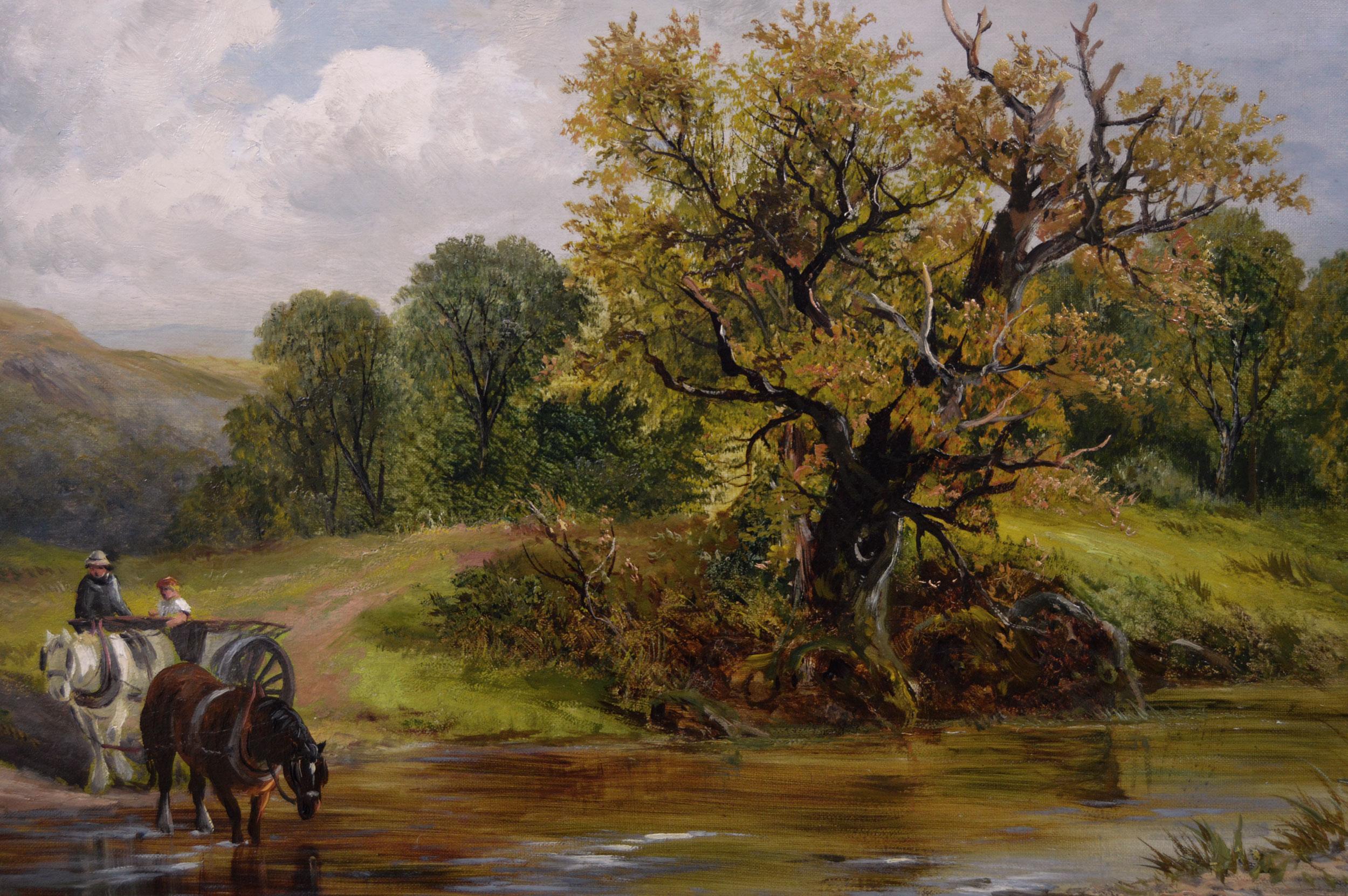 George Turner 
British, (1843-1910)
Crossing the Ford
Oil on canvas, signed, further signed & inscribed verso
Image size: 15.5 inches x 25.5 inches 
Size including frame: 21.5 inches x 31.25 inches

A wonderful landscape painting of figures in a