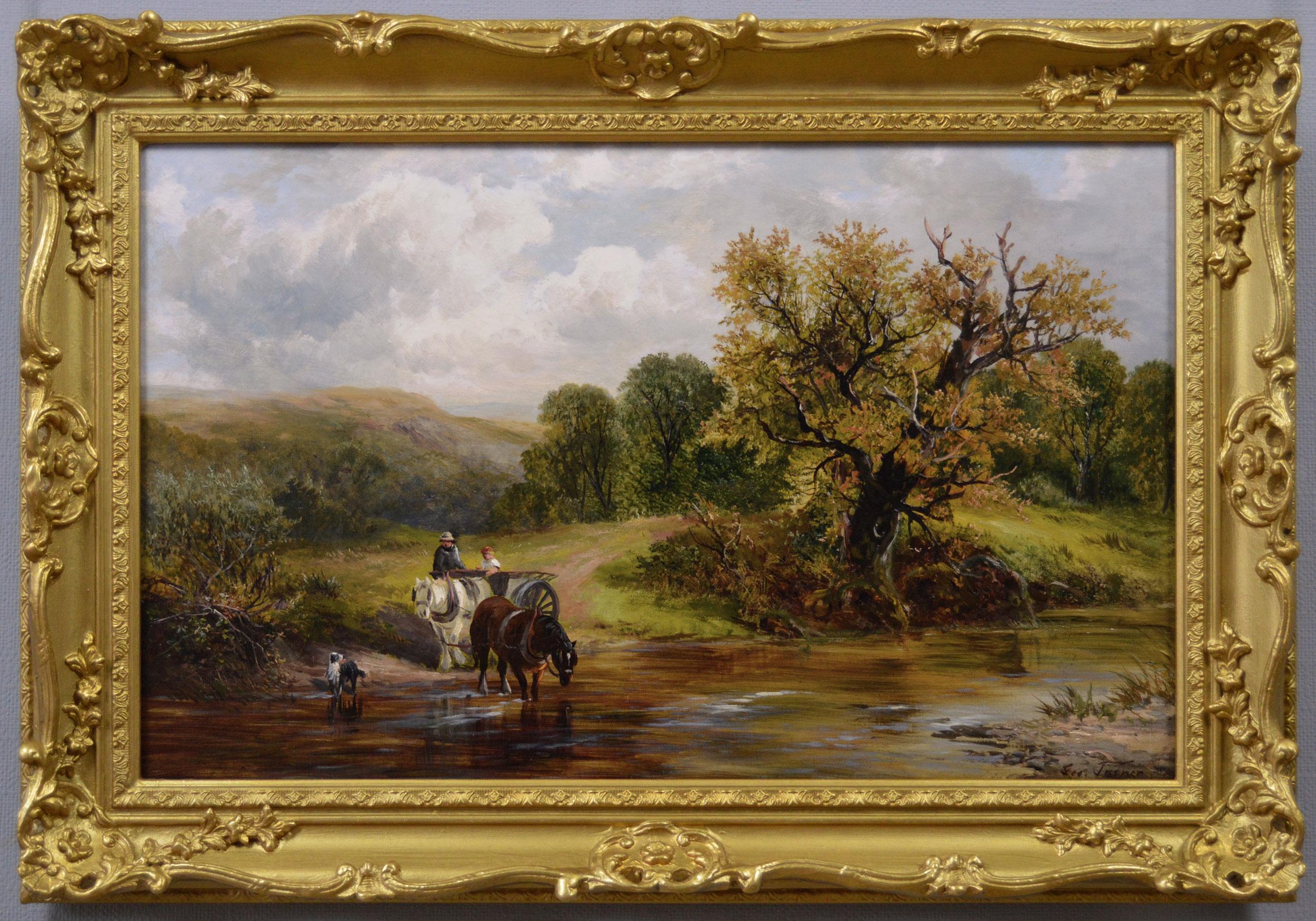 19th Century landscape oil painting of figures in a horse & cart crossing a ford