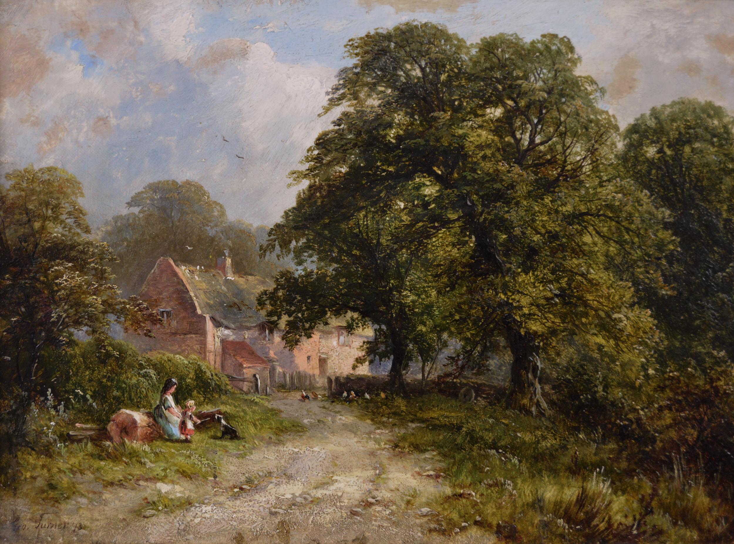 19th Century landscape oil painting of figures near a Derbyshire cottage - Painting by George Turner