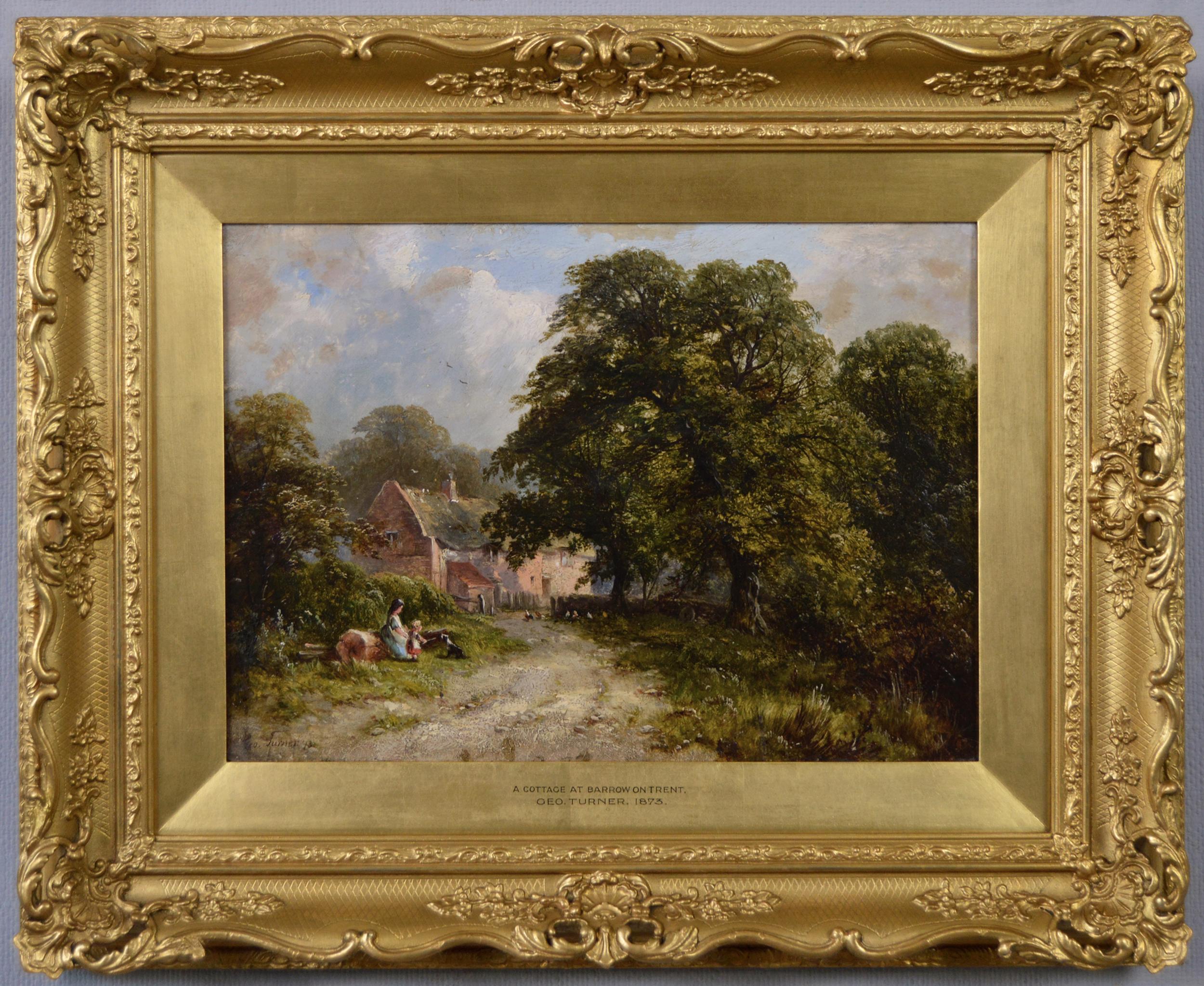 George Turner Landscape Painting - 19th Century landscape oil painting of figures near a Derbyshire cottage