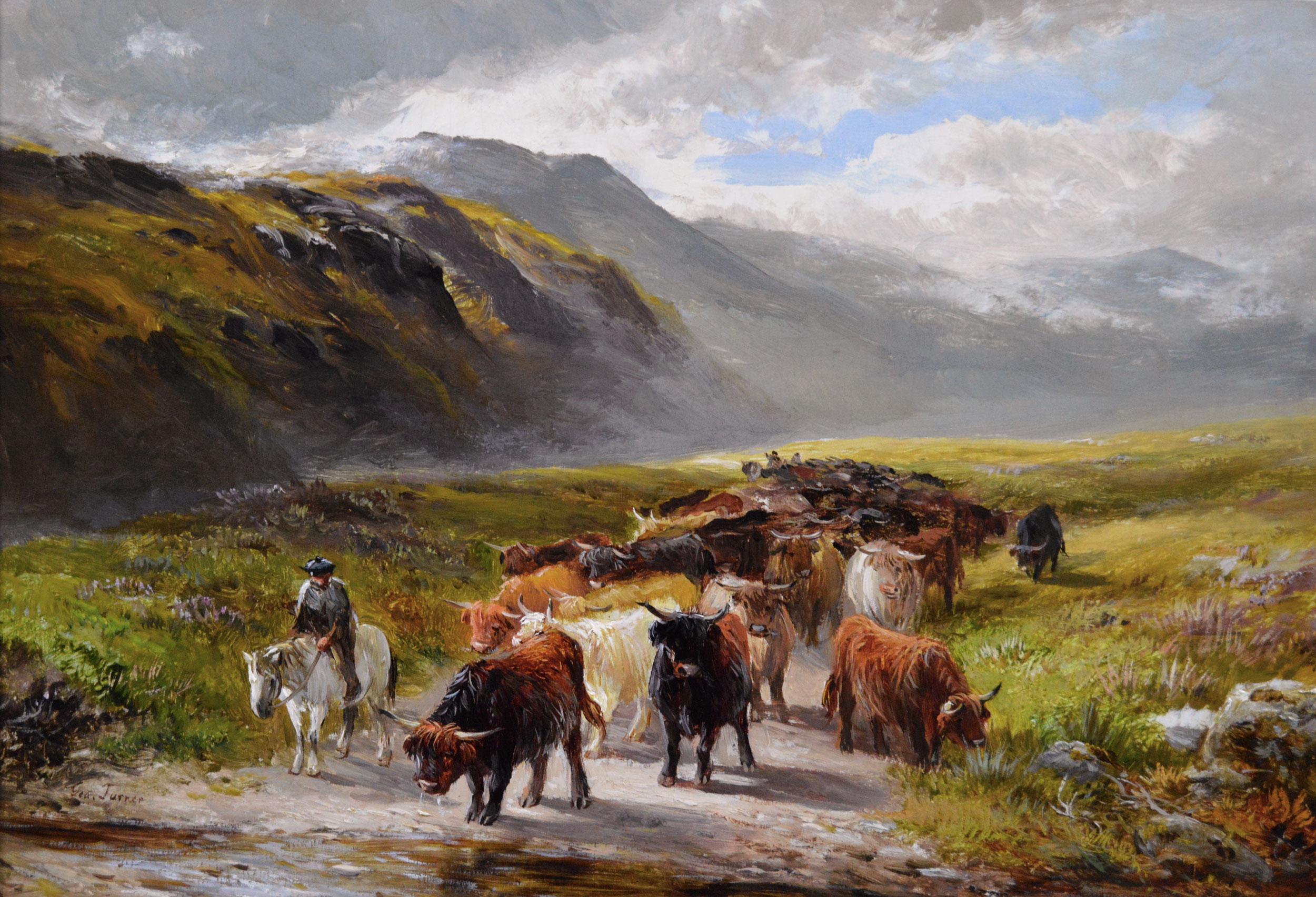 Paesaggio del XIX secolo dipinto a olio con figure con bestiame delle Highlands - Painting di George Turner