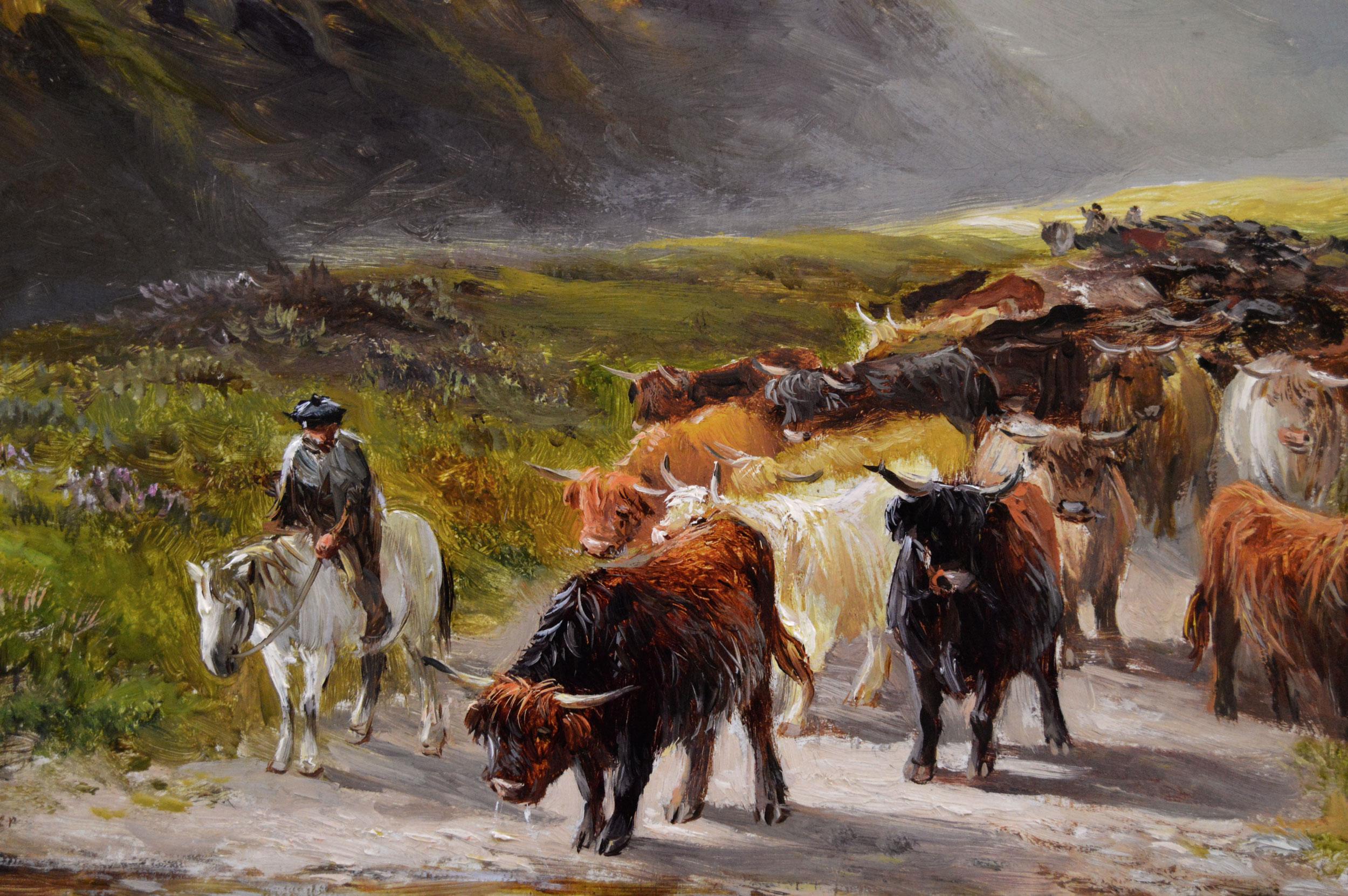 Paesaggio del XIX secolo dipinto a olio con figure con bestiame delle Highlands - Painting Vittoriano di George Turner