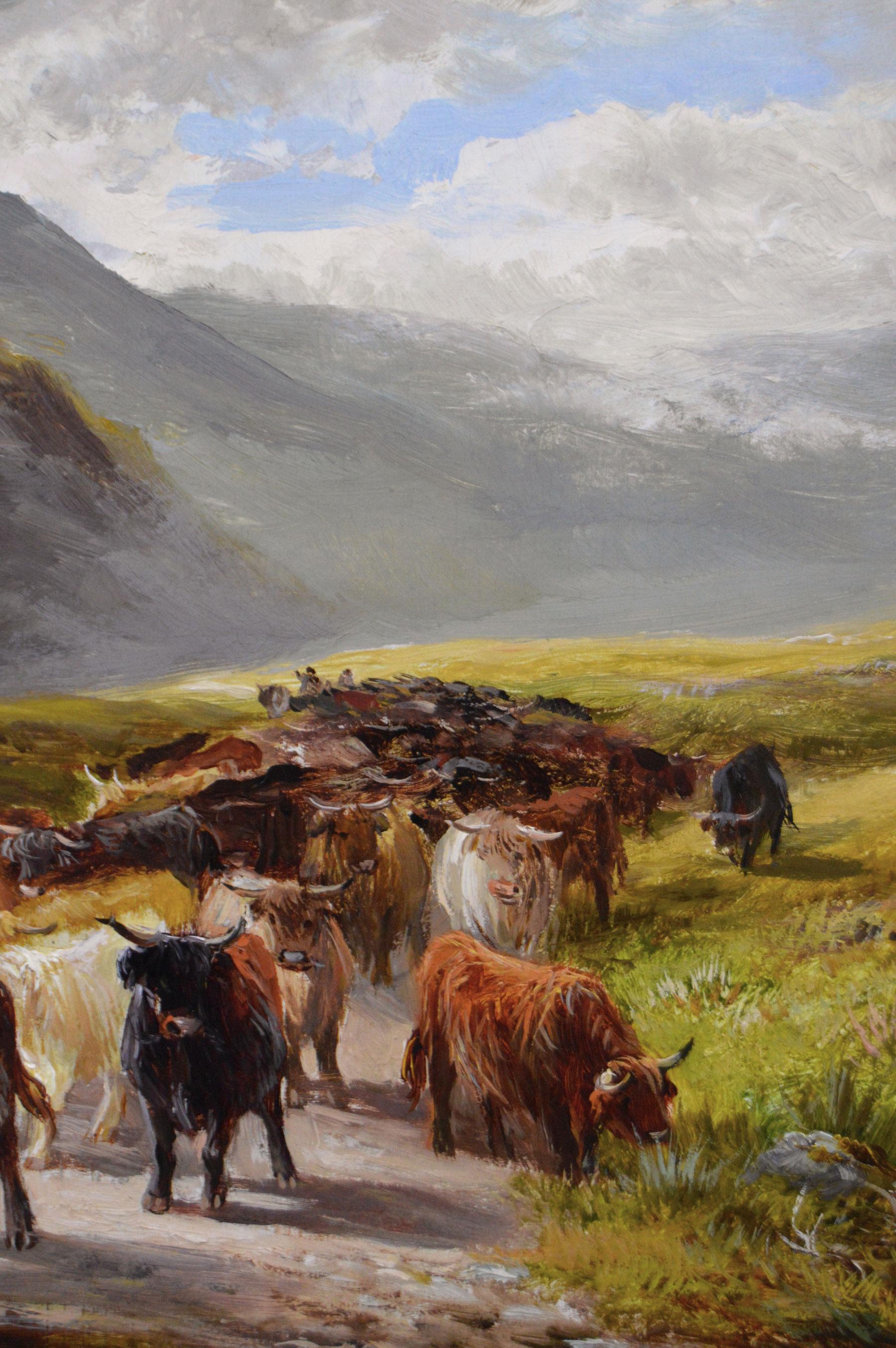 Paesaggio del XIX secolo dipinto a olio con figure con bestiame delle Highlands - Animal Painting Marrone di George Turner