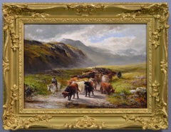 Peinture à l'huile du 19e siècle représentant des personnages avec du bétail des Highlands