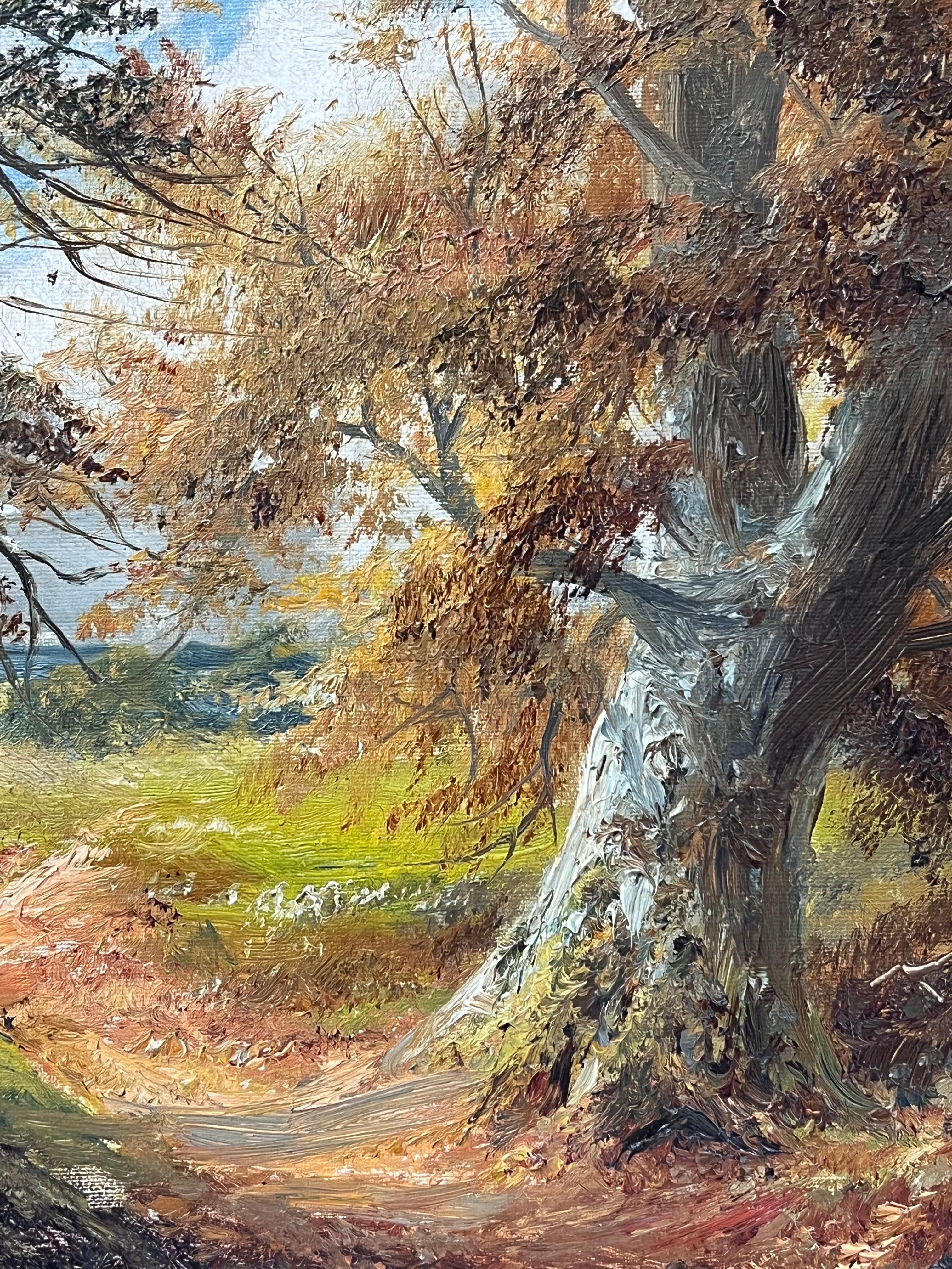 Peinture à l'huile anglaise ancienne Woodland Pathway Golden Light through Trees & Field en vente 5