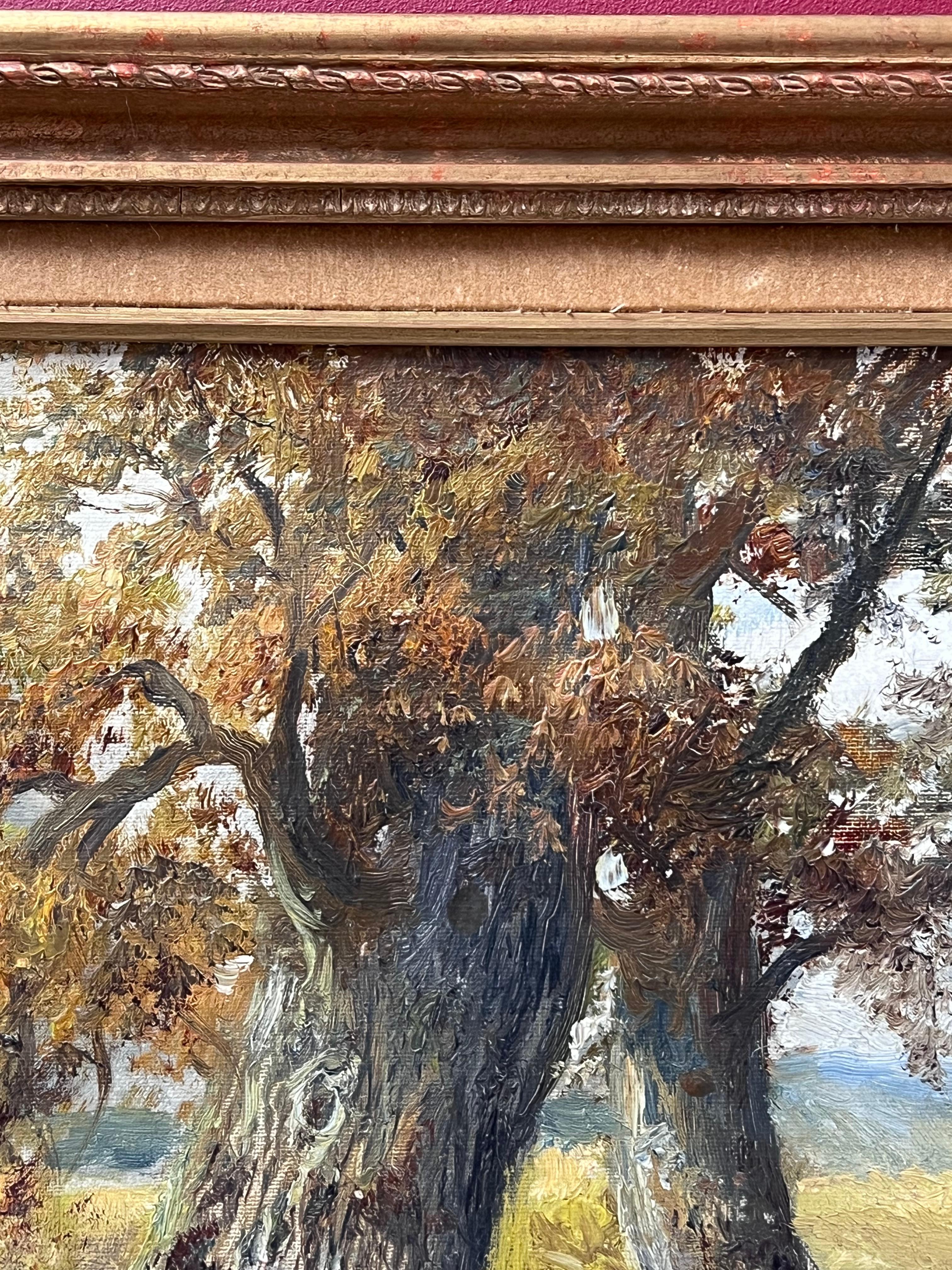 Peinture à l'huile anglaise ancienne Woodland Pathway Golden Light through Trees & Field en vente 6