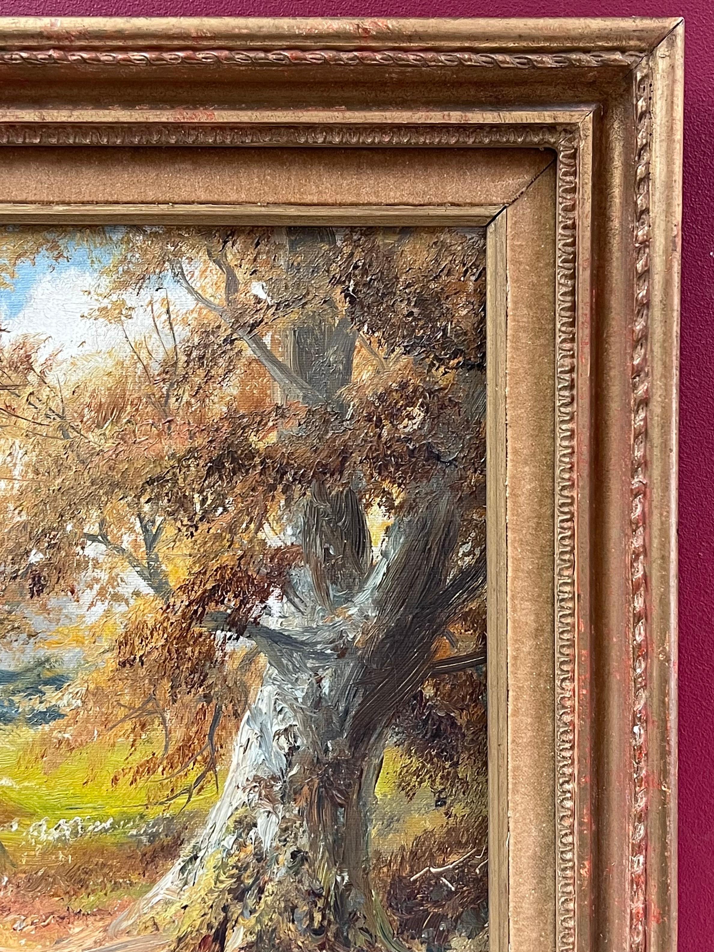 Peinture à l'huile anglaise ancienne Woodland Pathway Golden Light through Trees & Field - École anglaise Painting par George Turner