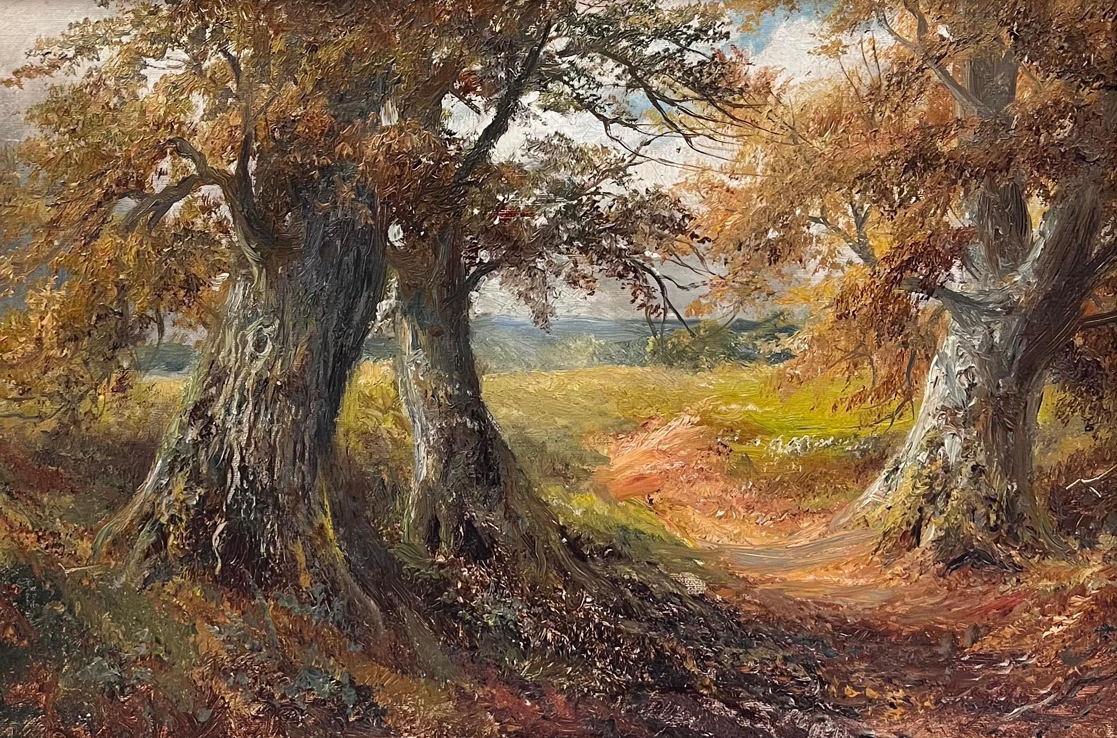 Peinture à l'huile anglaise ancienne Woodland Pathway Golden Light through Trees & Field - Marron Landscape Painting par George Turner