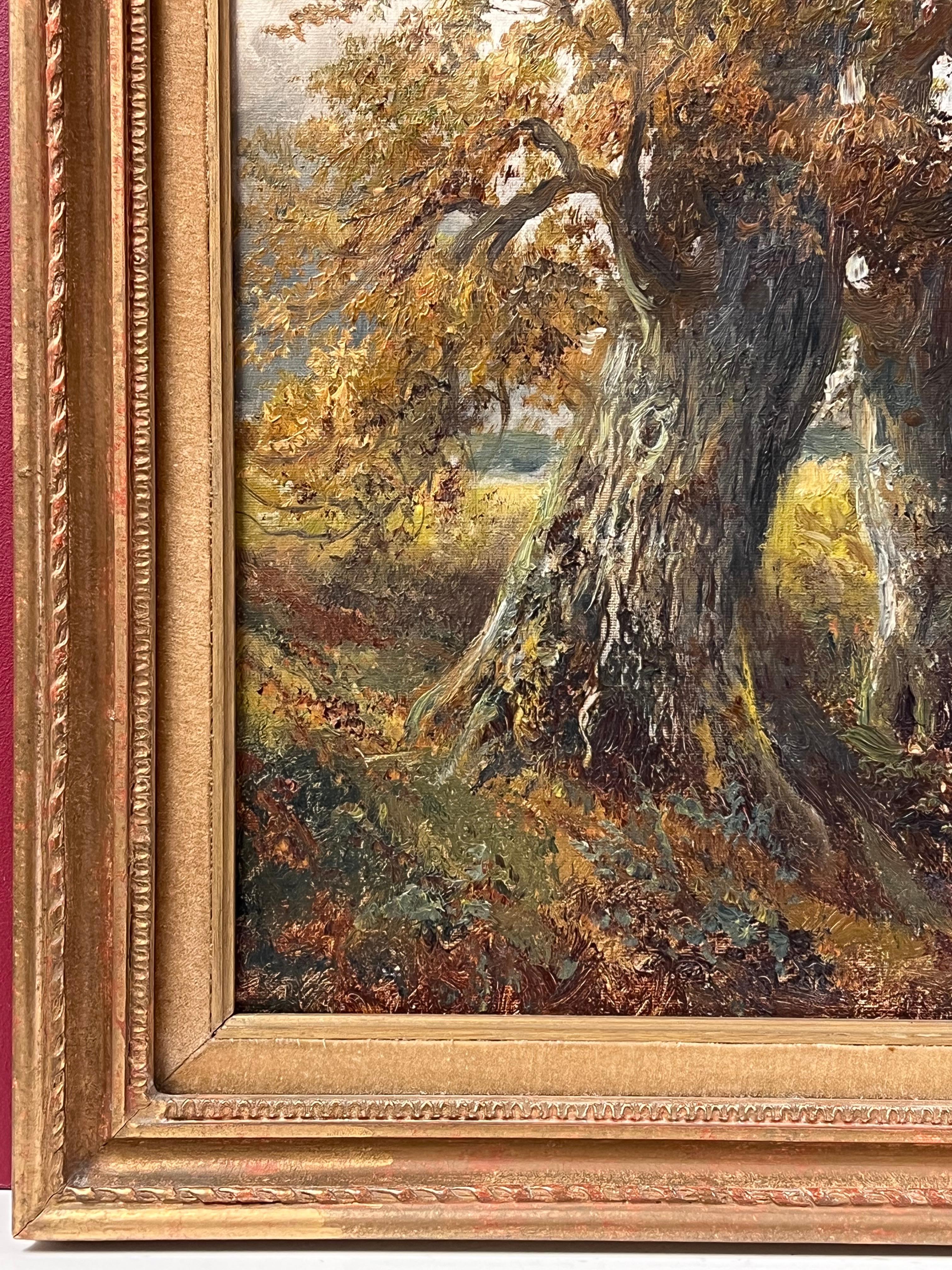 Peinture à l'huile anglaise ancienne Woodland Pathway Golden Light through Trees & Field en vente 1