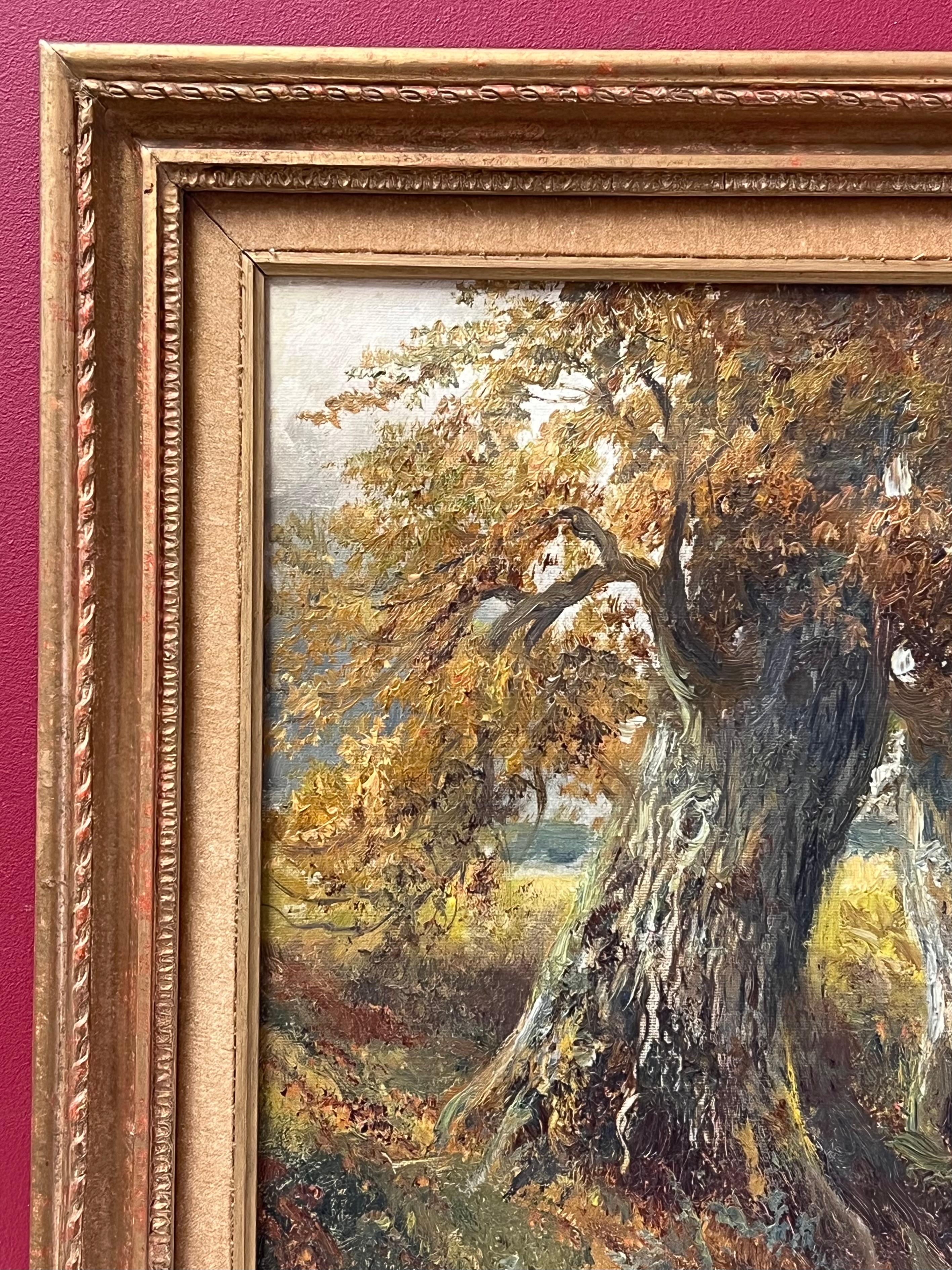 Peinture à l'huile anglaise ancienne Woodland Pathway Golden Light through Trees & Field en vente 2