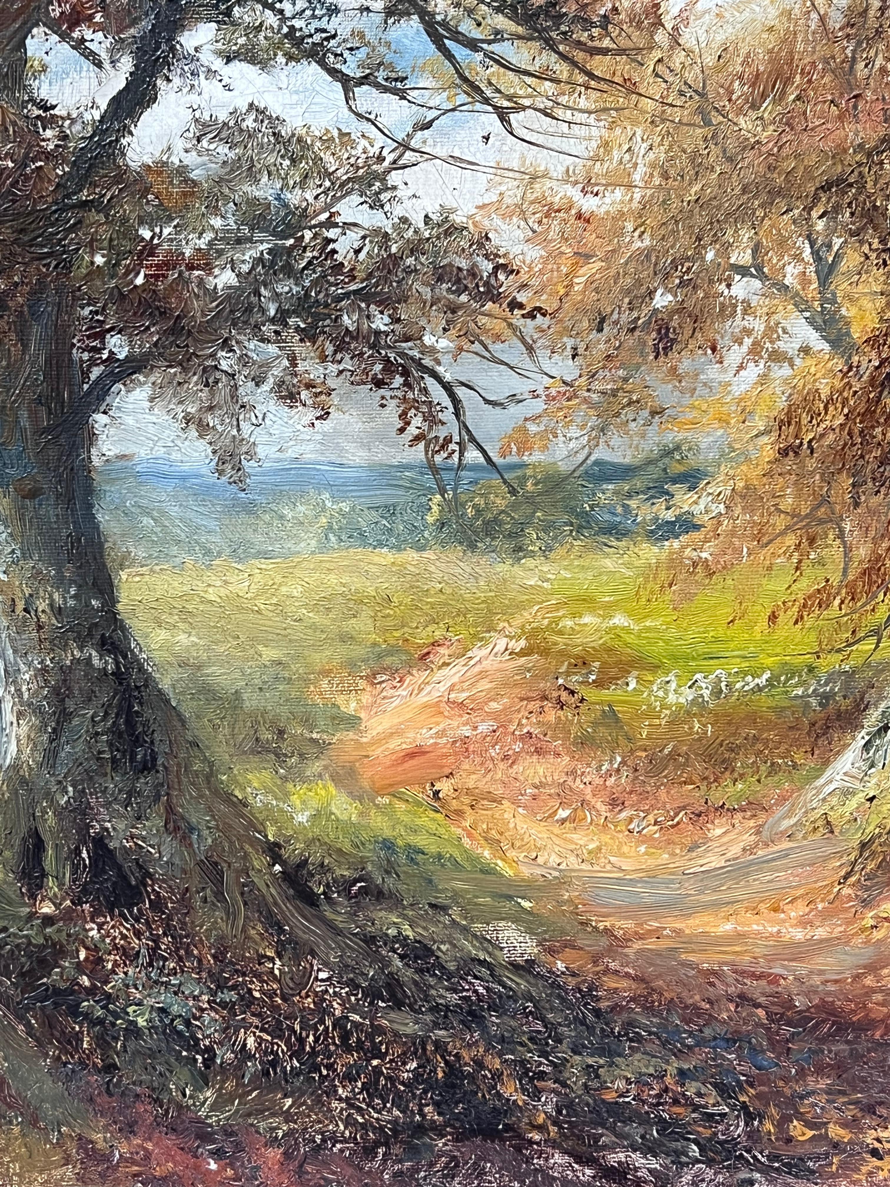 Peinture à l'huile anglaise ancienne Woodland Pathway Golden Light through Trees & Field en vente 3