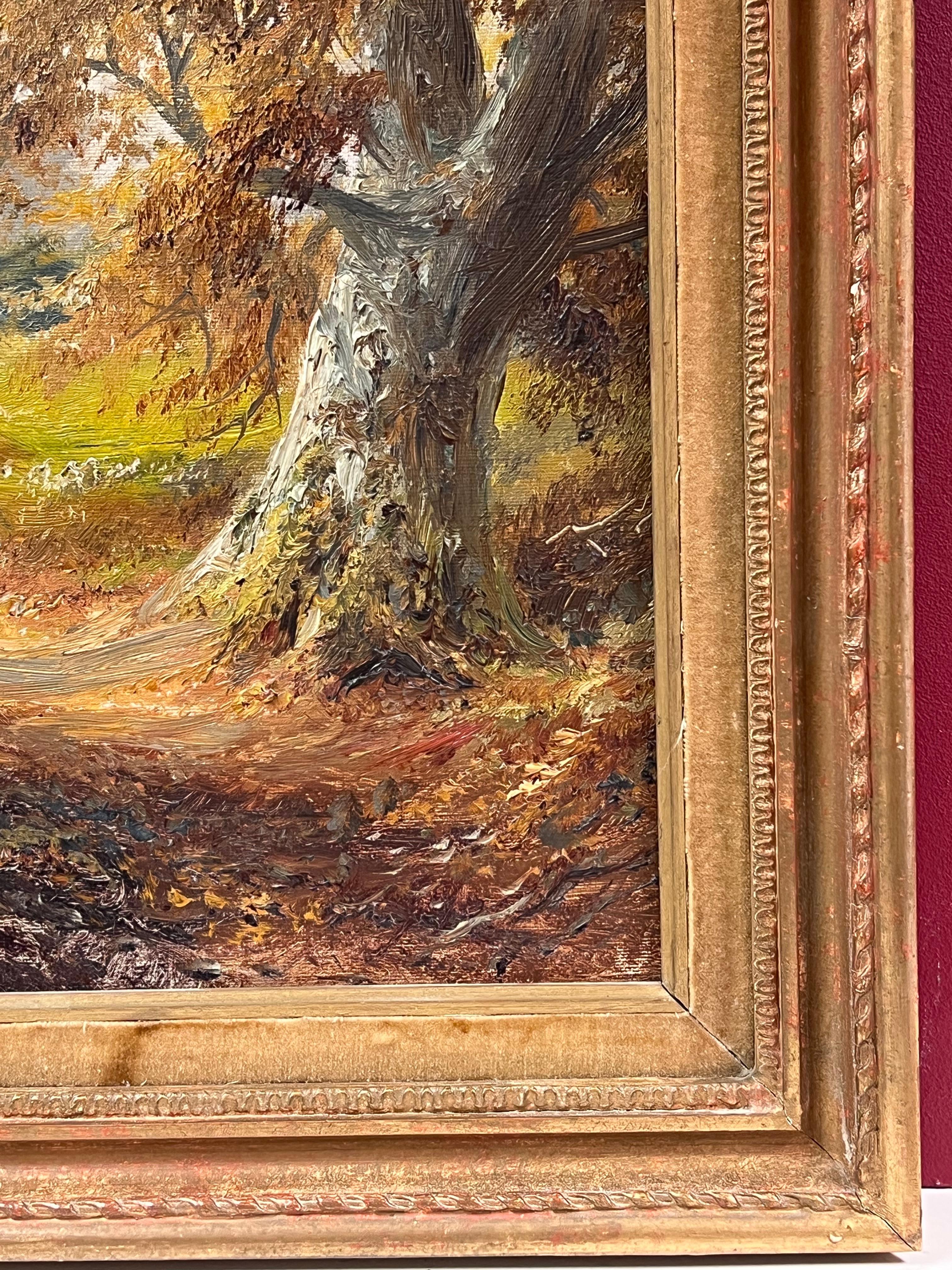 Peinture à l'huile anglaise ancienne Woodland Pathway Golden Light through Trees & Field en vente 4