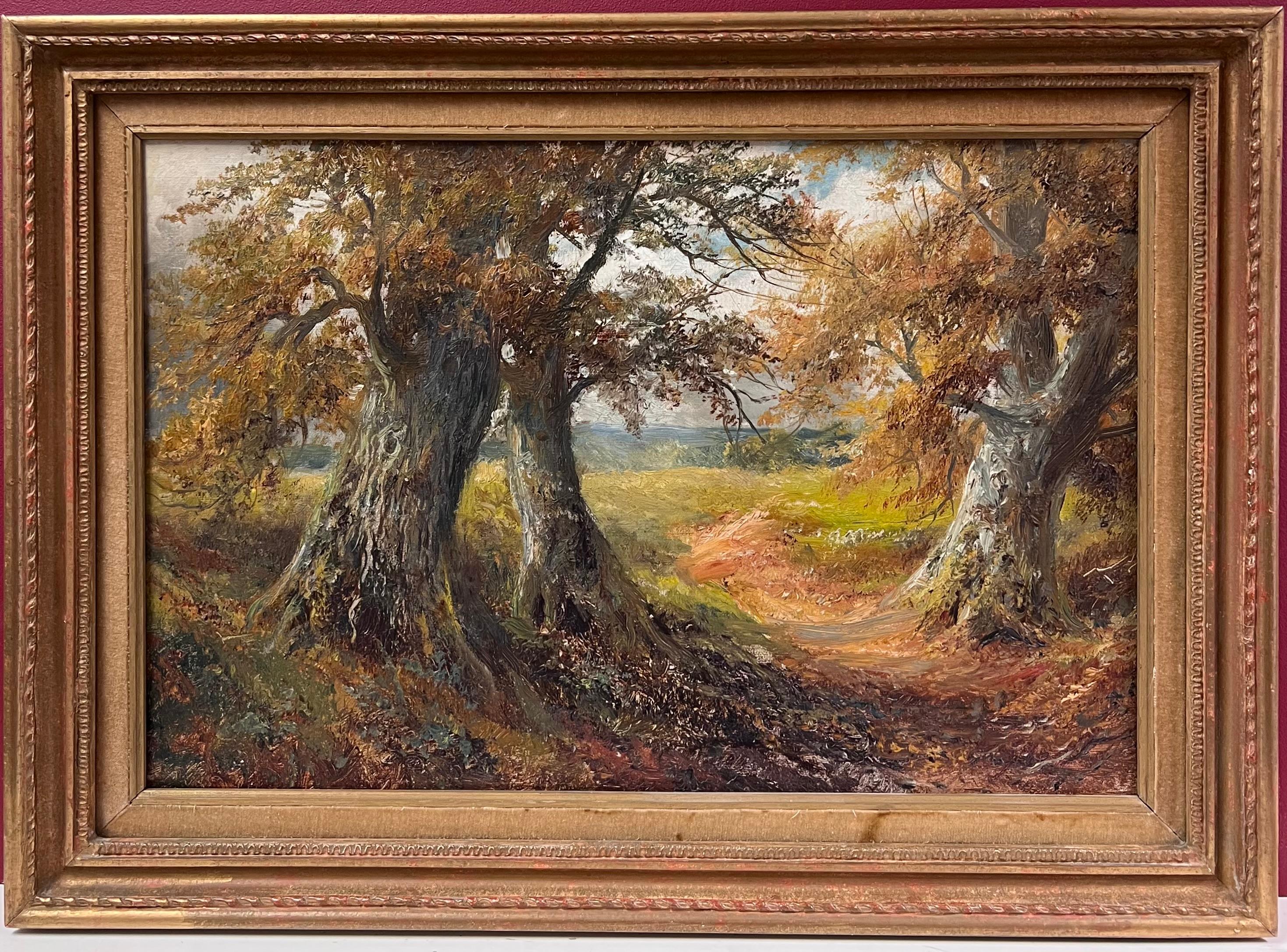 Antikes englisches Ölgemälde, Waldweg, goldenes Licht durch Bäume und Feld, Holz