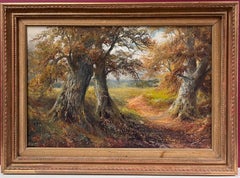 Peinture à l'huile anglaise ancienne Woodland Pathway Golden Light through Trees & Field