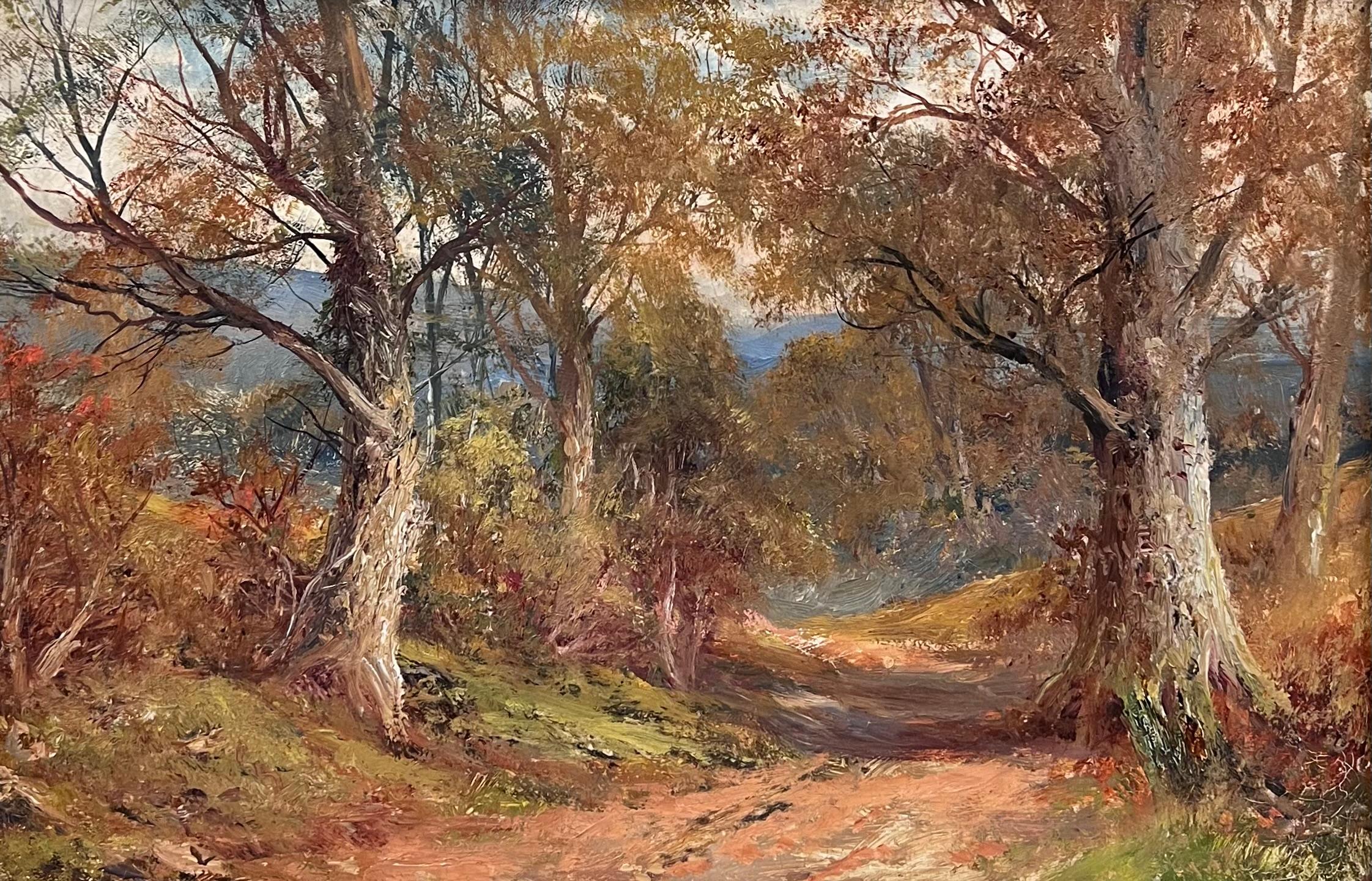 Ancienne peinture à l'huile anglaise d'un chemin de fer des bois d'automne dans un cadre doré - Painting de George Turner