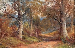 Autumnal Woodland Pathway Antique English Oil Painting in Gilt Frame