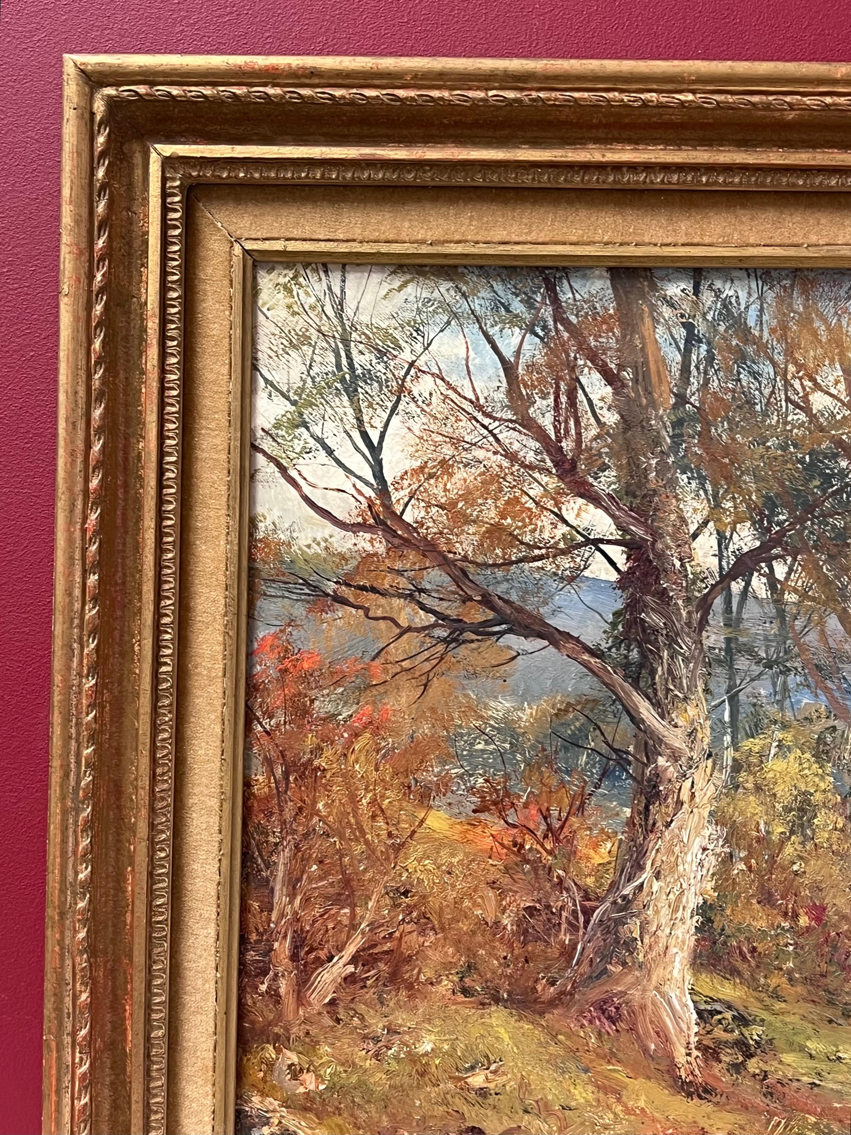 Ancienne peinture à l'huile anglaise d'un chemin de fer des bois d'automne dans un cadre doré - Impressionnisme Painting par George Turner