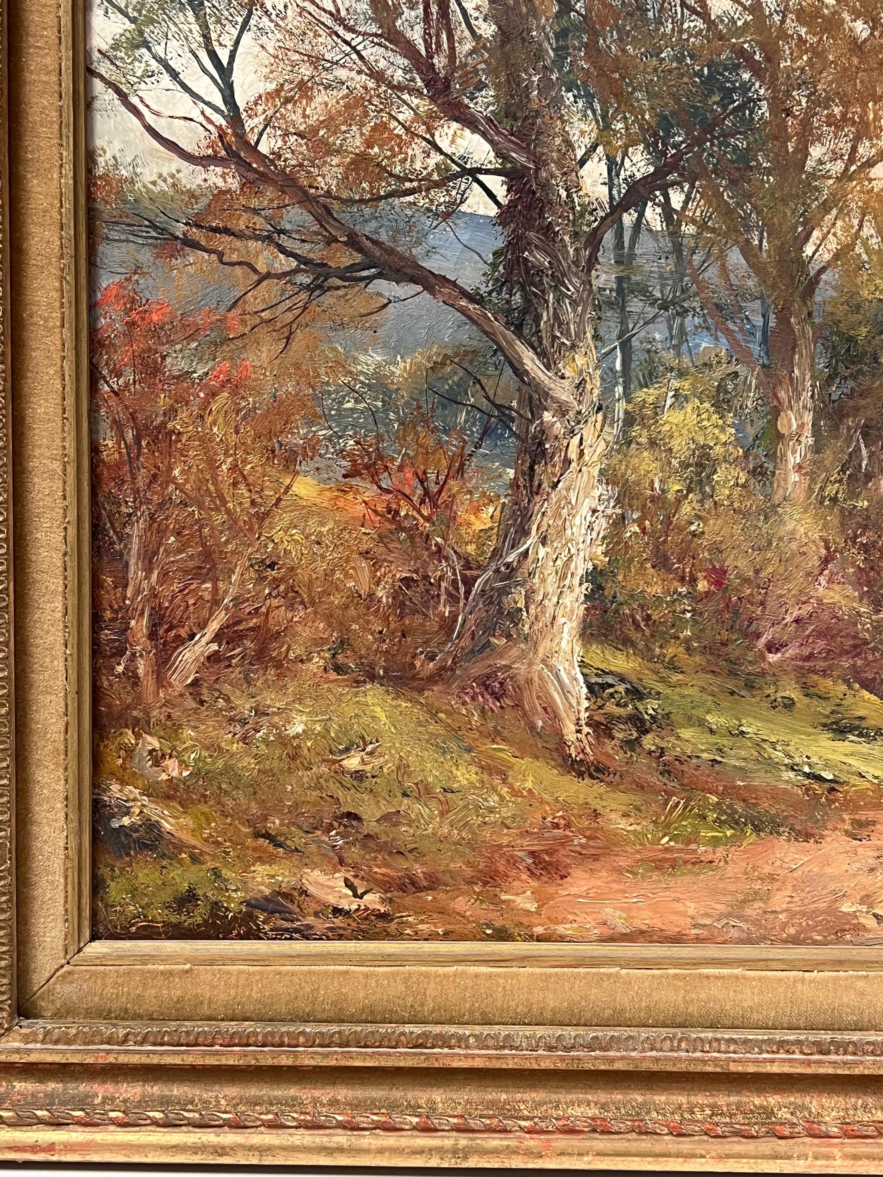 Ancienne peinture à l'huile anglaise d'un chemin de fer des bois d'automne dans un cadre doré - Marron Landscape Painting par George Turner