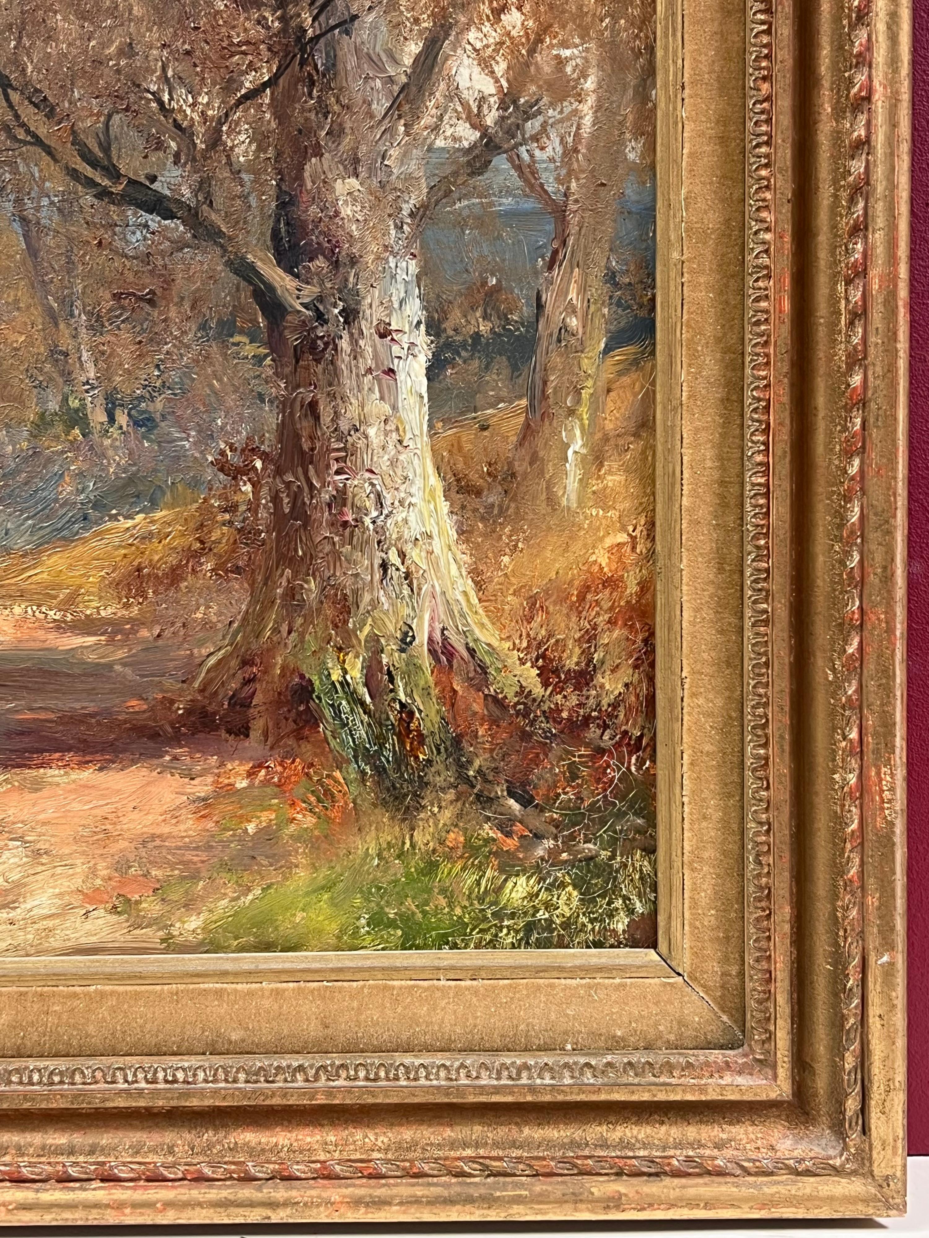 Ancienne peinture à l'huile anglaise d'un chemin de fer des bois d'automne dans un cadre doré en vente 1