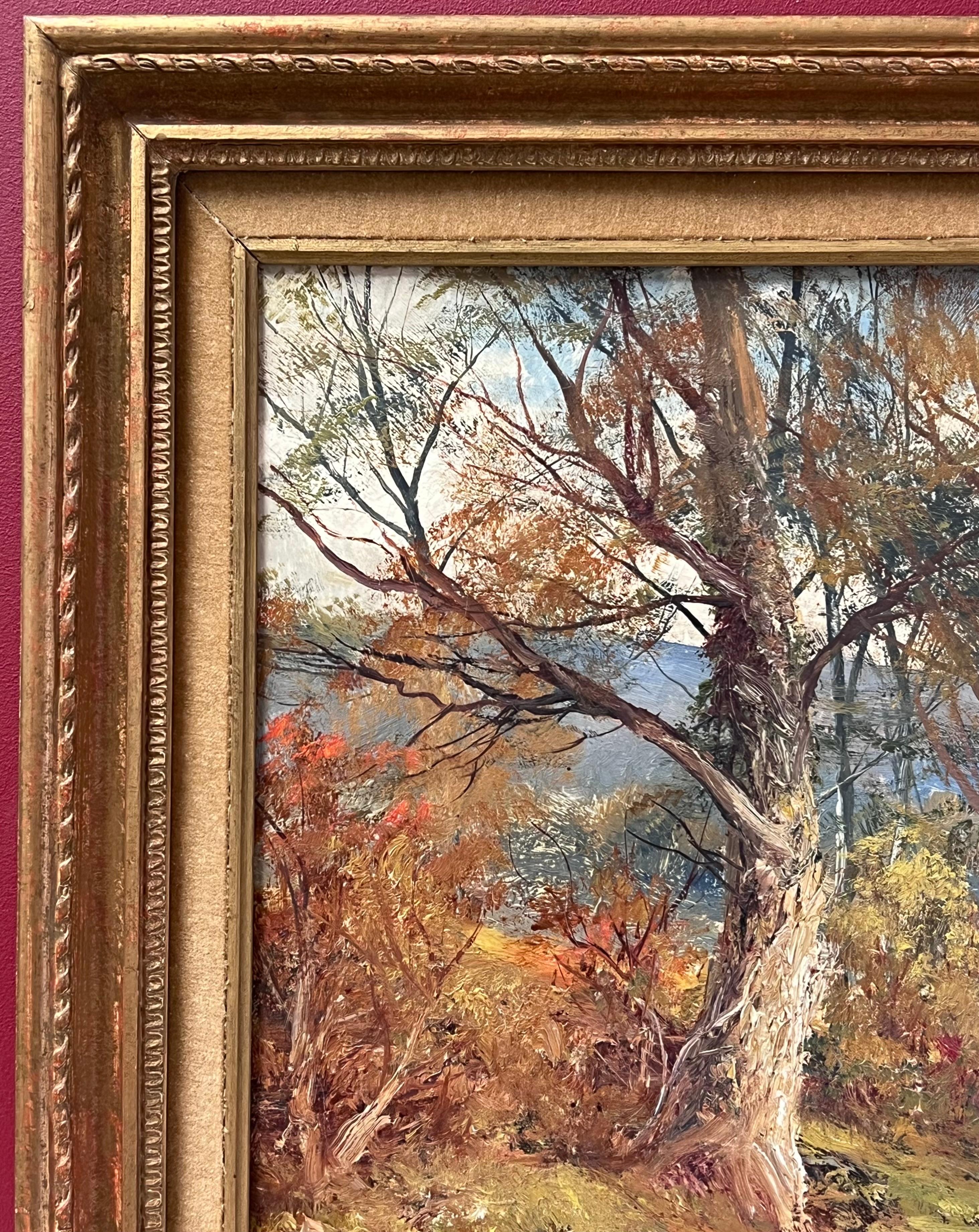 Ancienne peinture à l'huile anglaise d'un chemin de fer des bois d'automne dans un cadre doré en vente 3