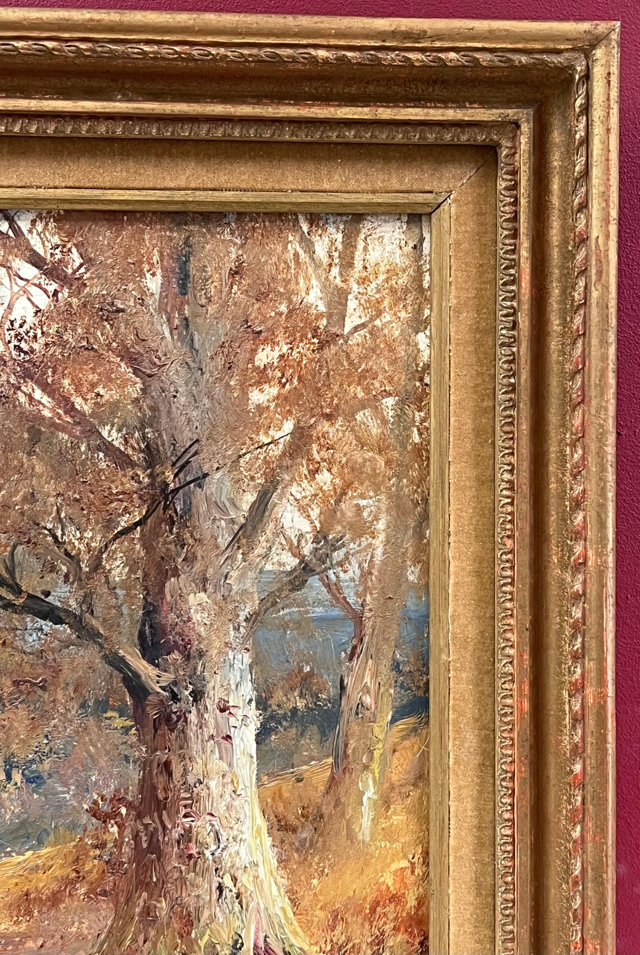 Ancienne peinture à l'huile anglaise d'un chemin de fer des bois d'automne dans un cadre doré en vente 4