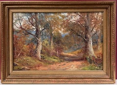 Autumnal Woodland Pathway Antique English Oil Painting in Gilt Frame