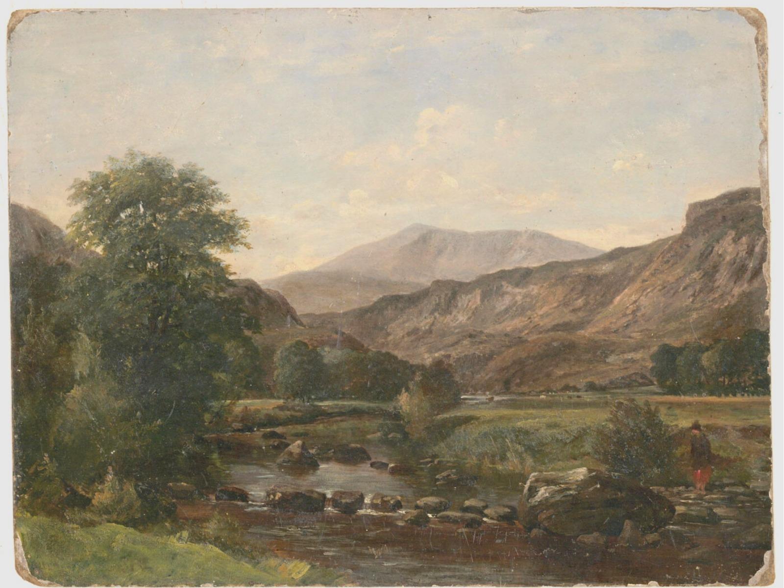 A very fine panoramic landscape, possibly depicting North Wales by the English artist George Turner. Here the artist has captured a quiet valley with a lone figure at the river's edge. Distant mountains dominate the skyline and the idyllic river can