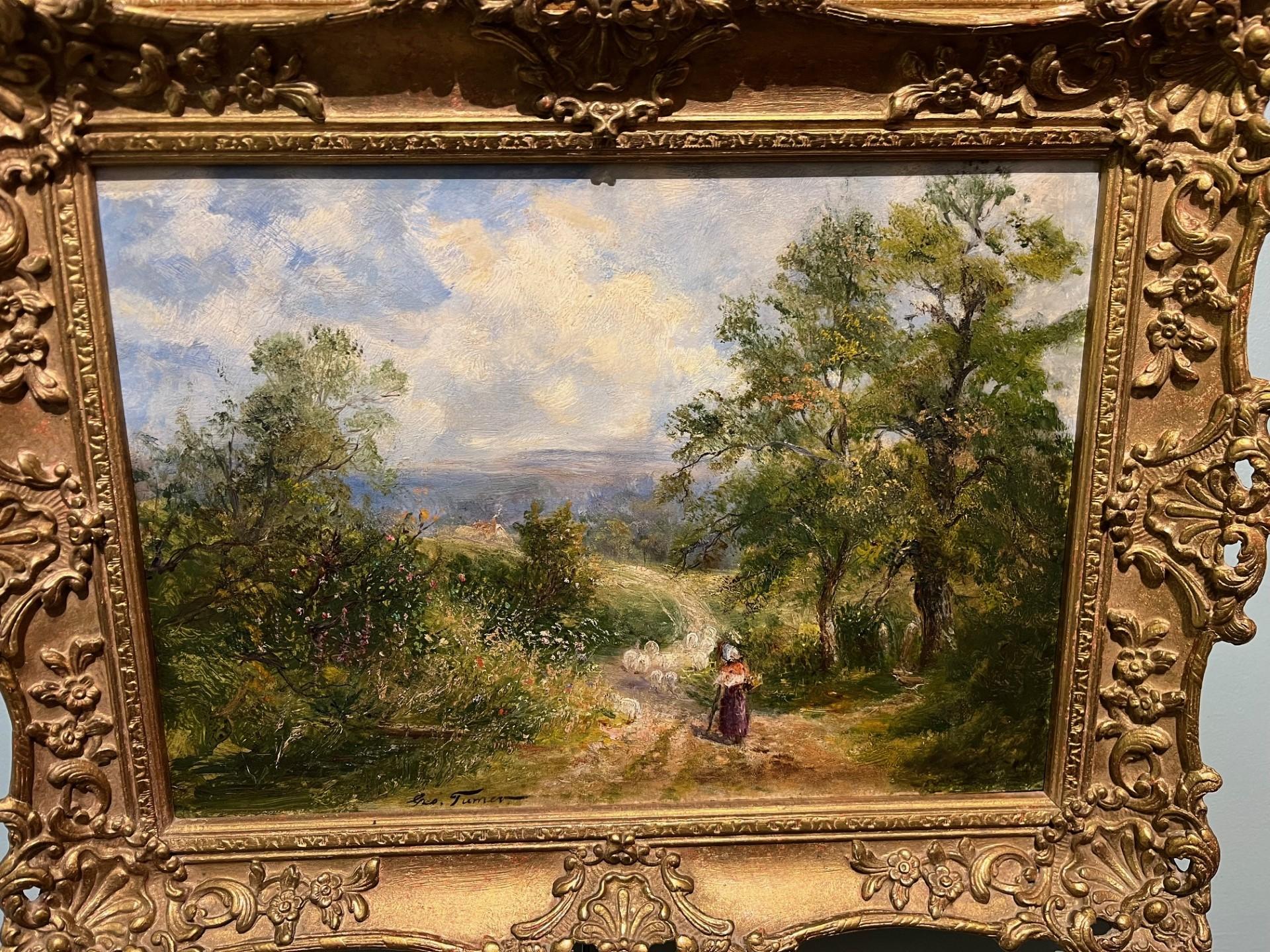 Kleines bukolisches Öl auf Tafel des viktorianischen Malers George Turner.
Ein seltenes Vergnügen, eine solche kleine Schönheit von diesem begehrten Künstler zu besitzen.   Englischer Landschaftsmaler und Landwirt, der oft als  