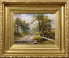 Landscape oil painting of figures near a Derbyshire brook