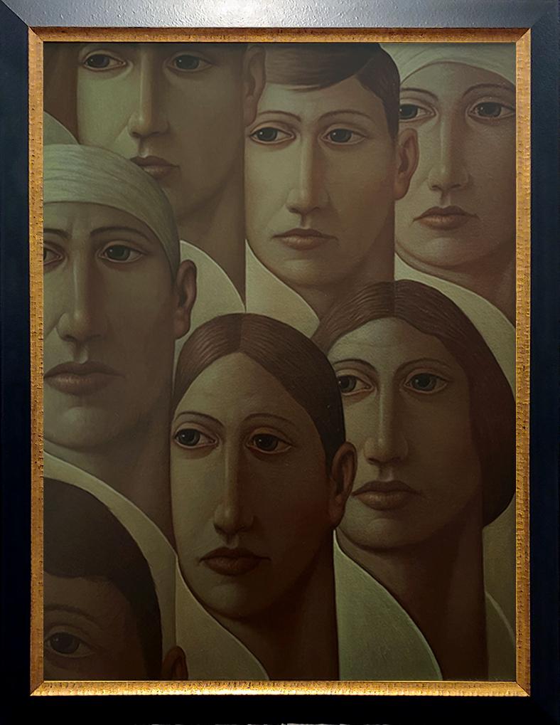 George Underwood Portrait Painting - "FACES"  oil on canvas by Ziggy Stardust LP cover artist 44x34" framed