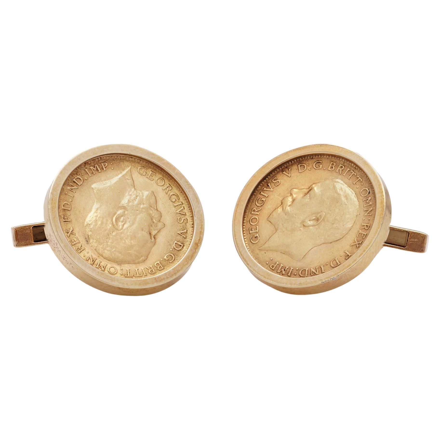 George V 1913-1914 Gold Sovereign Cufflinks: Elegant 9kt Gold Mounts