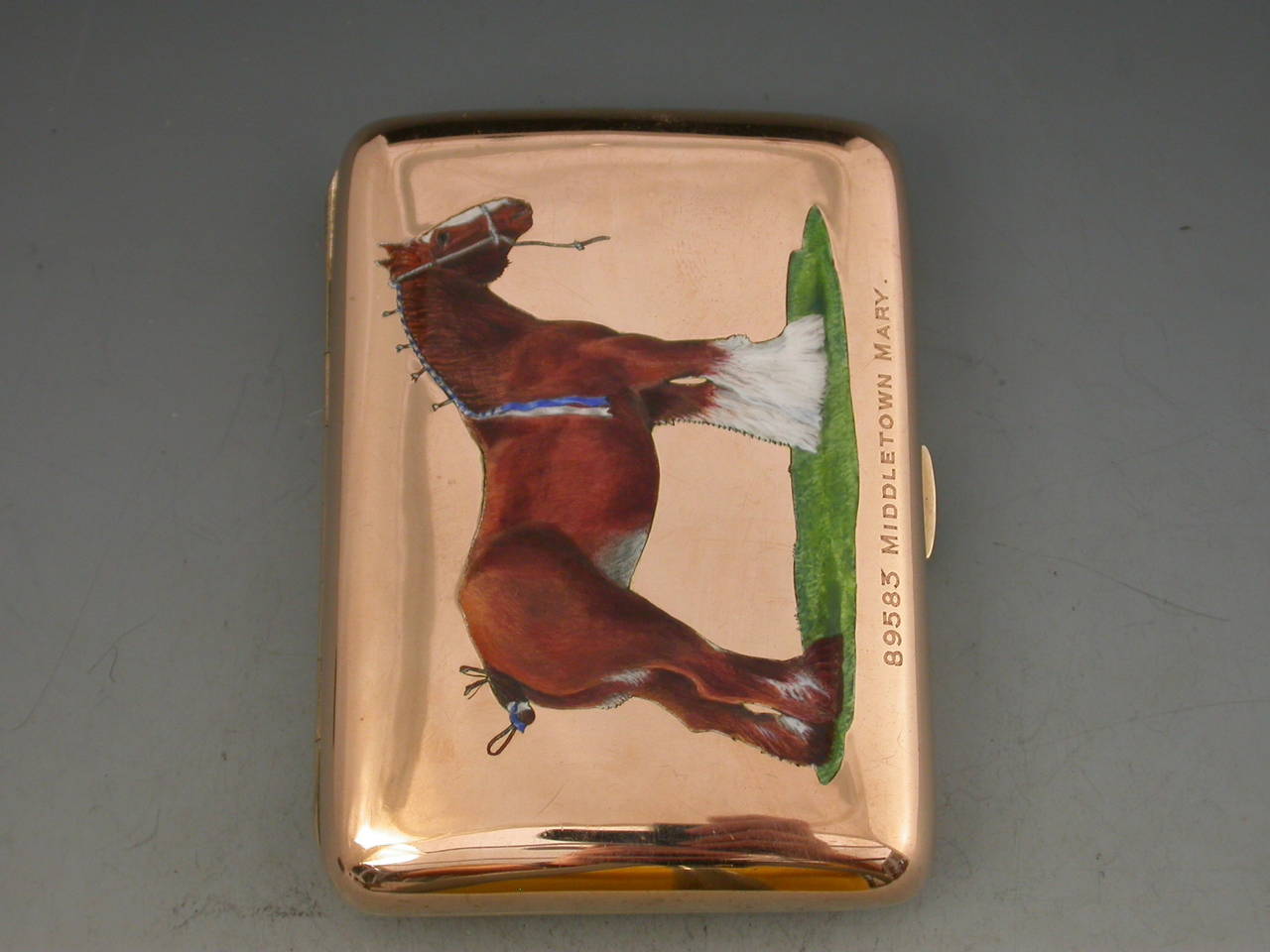 English George V 9crt Gold & Enamel Cigarette Case Champion Shire Horse Middletown Mary For Sale