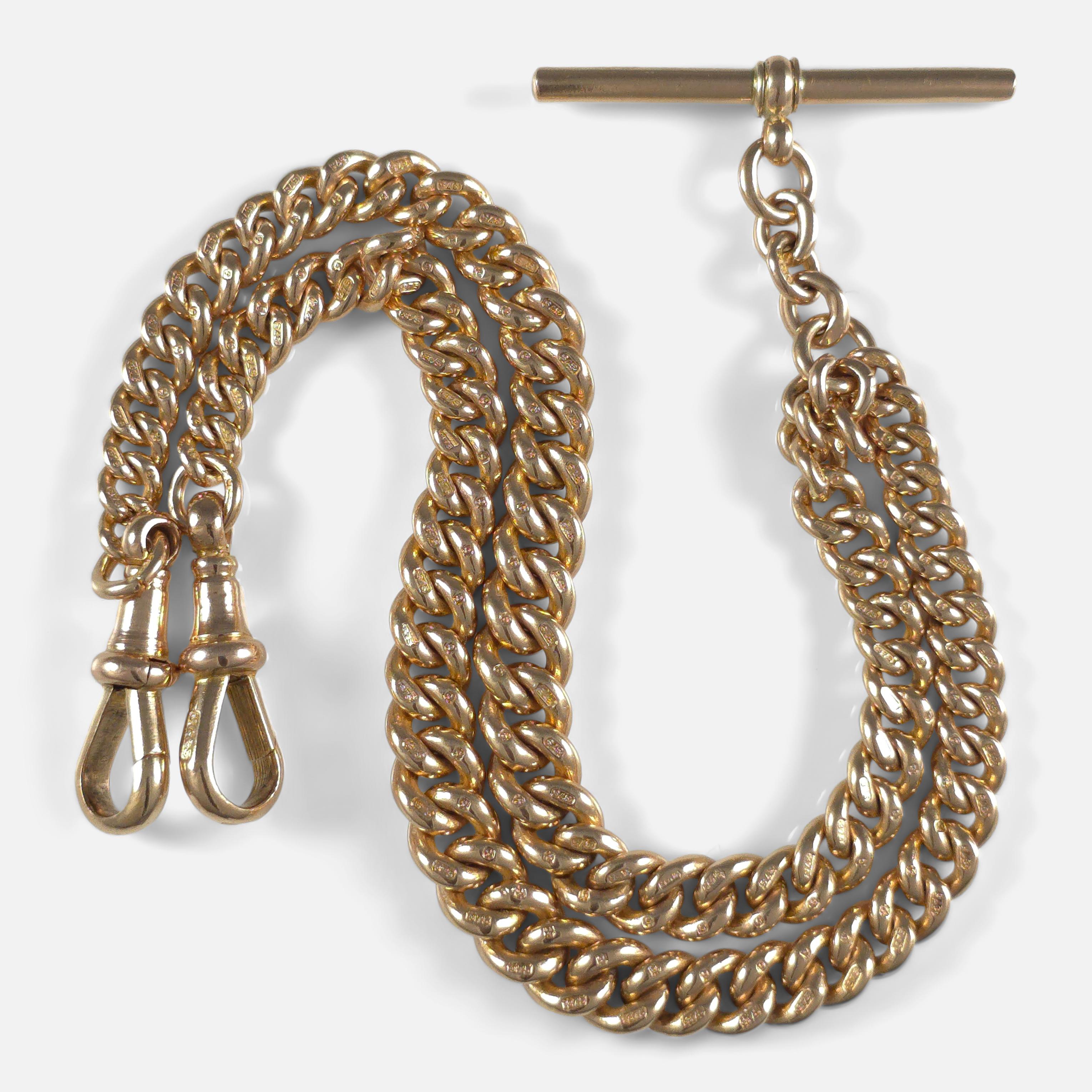 A George V era 9ct yellow gold graduating curb link double Albert watch chain, complete with T-bar. 

Marked for its 9 carat gold purity, this chain was created in 1919.

• Assay: .375 (9 carat gold)
• Period: Early 20th century
• Date: 1919
•