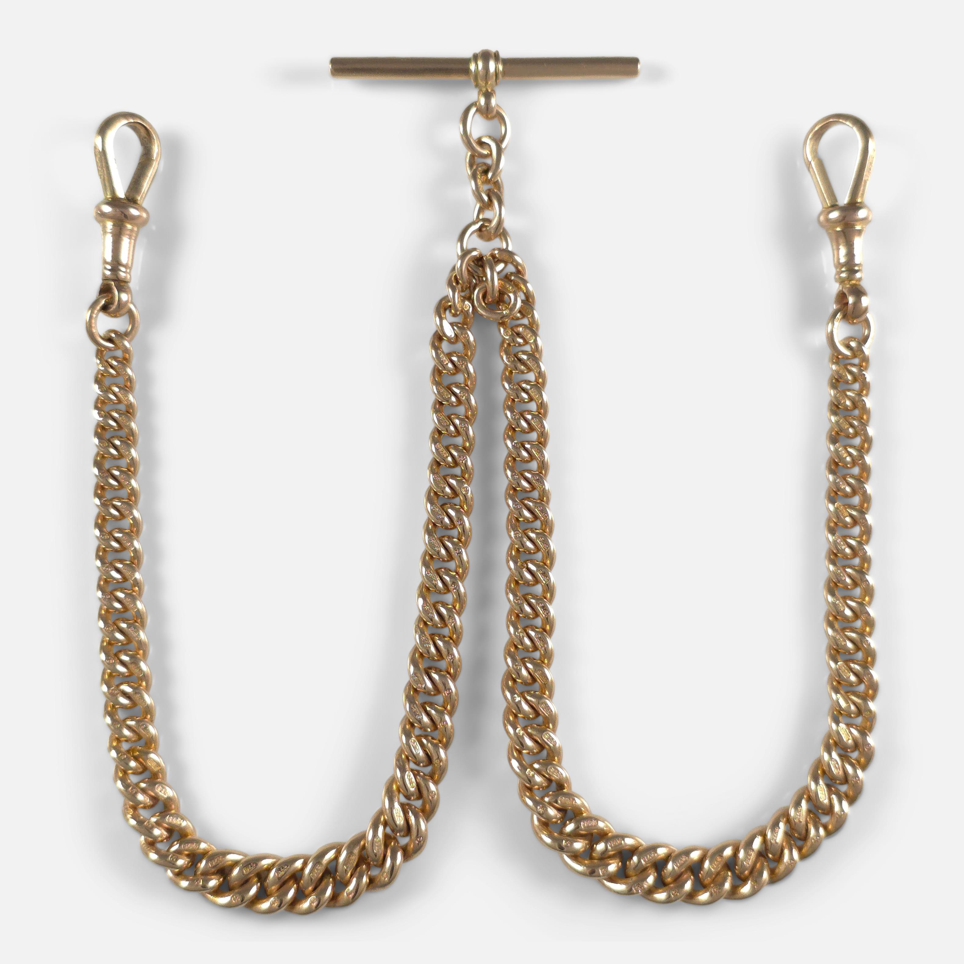 Women's or Men's George V 9ct Yellow Gold Double Albert Watch Chain, 1919 For Sale